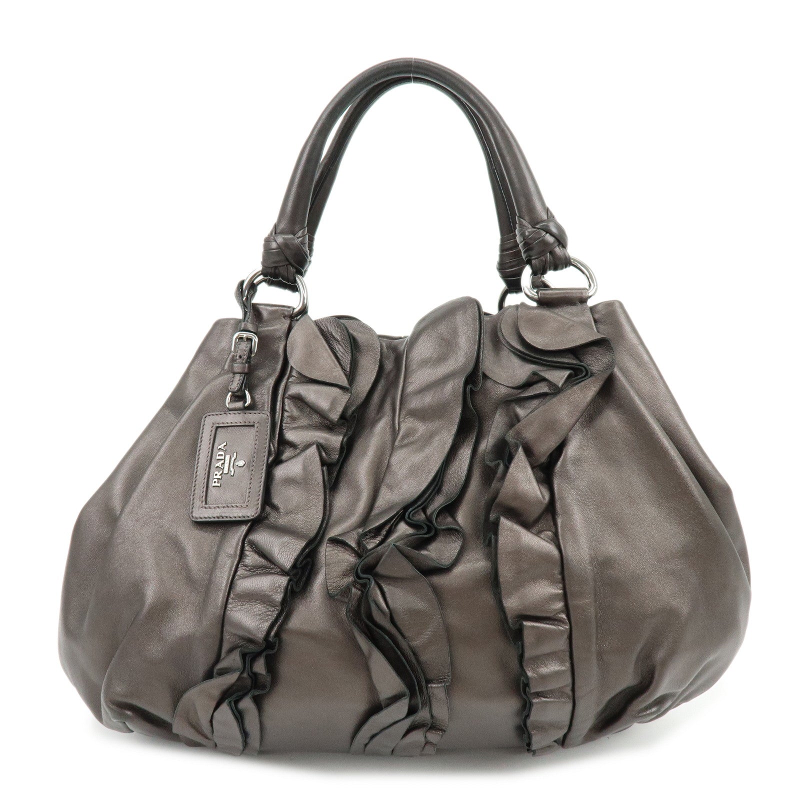 PRADA Gathered Nappa Leather Tote Bag Hand Bag Brown