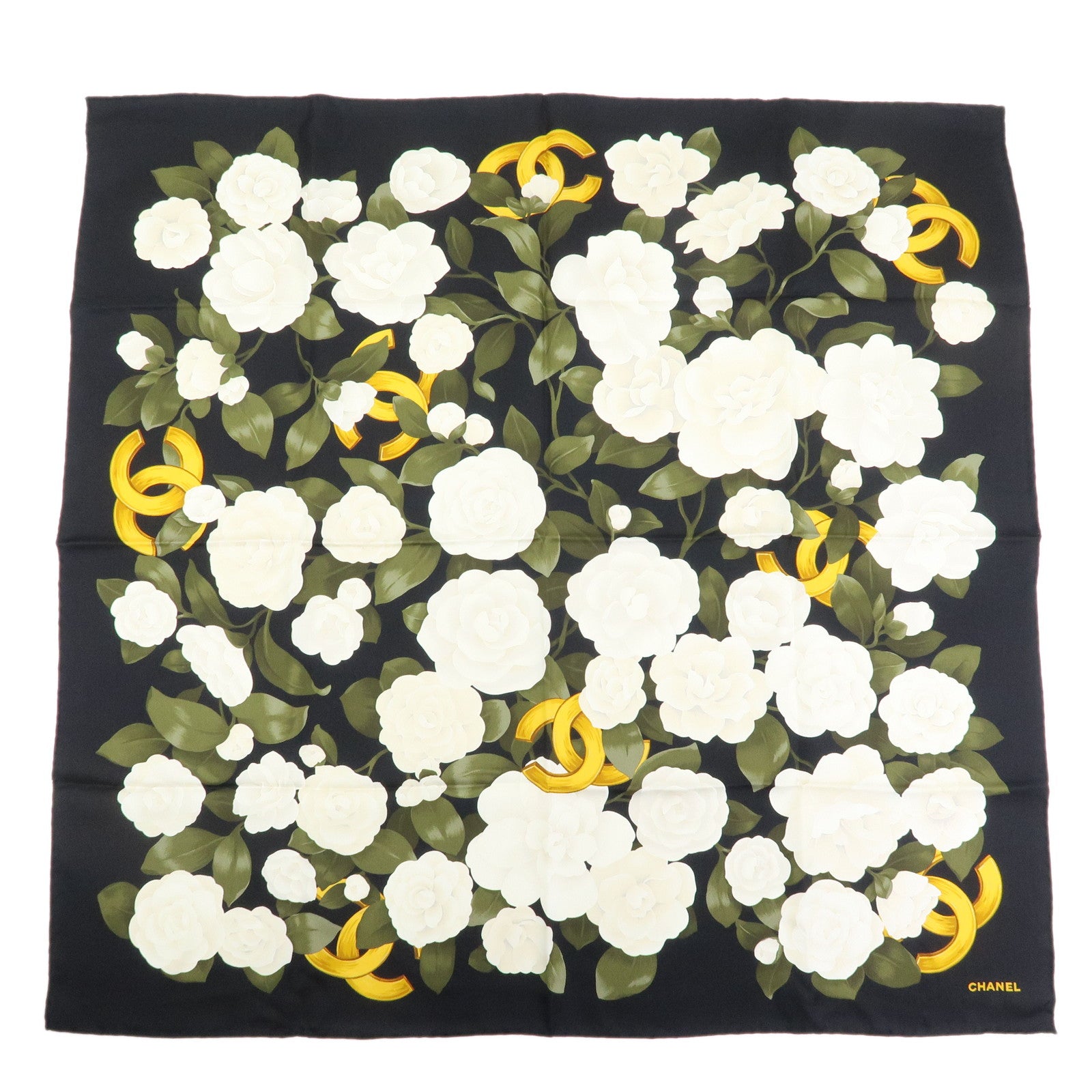CHANEL COCO Mark Silk 100% Scarf Camellia Flower Black White Gold