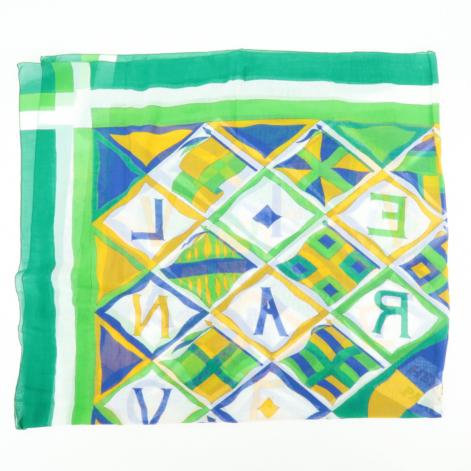 HERMES Vive La France Cotton 100％ Scarf Pareo Green Blue Yellow