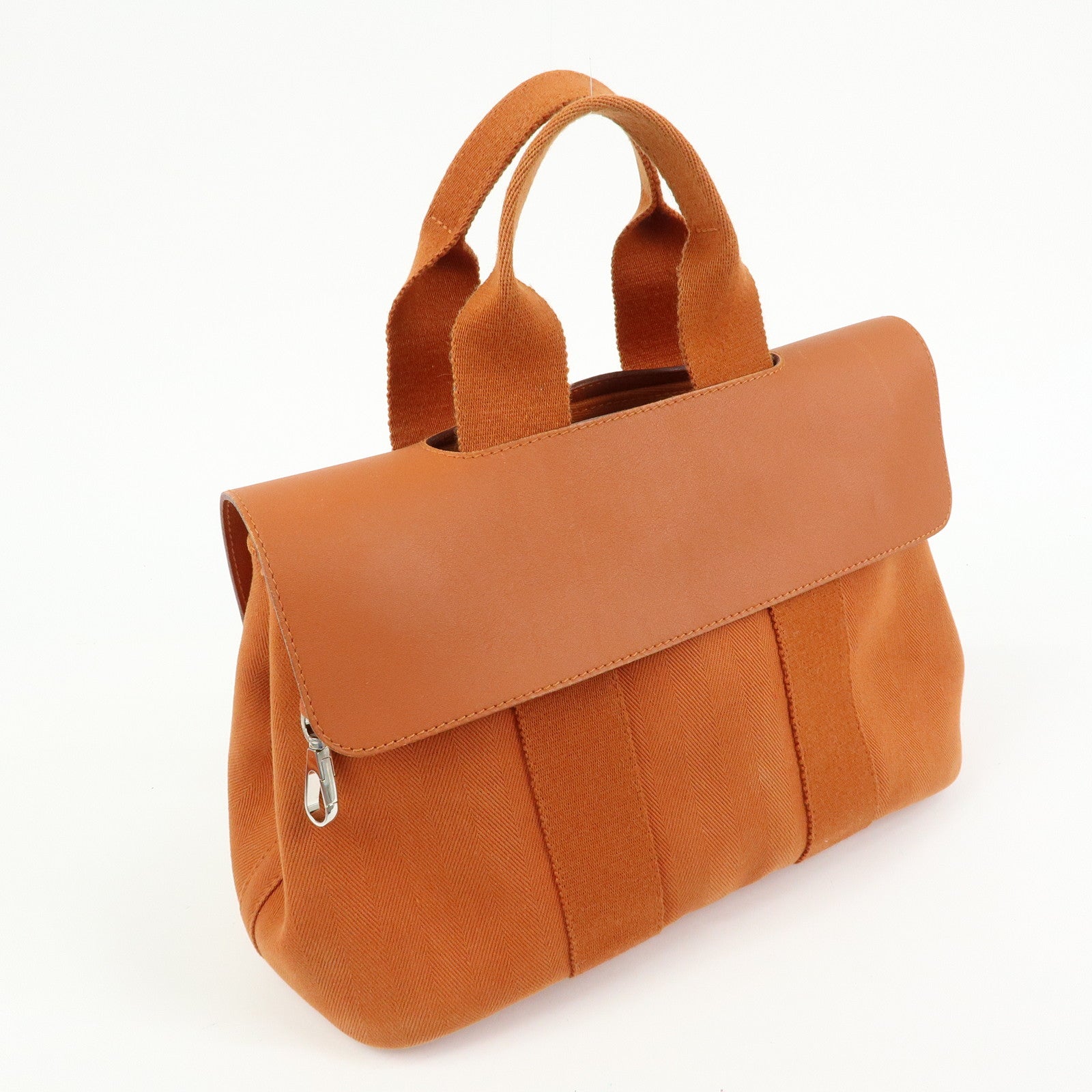 HERMES Valparaiso PM Toile Chevron Leather Tote Bag Hand Bag Orange