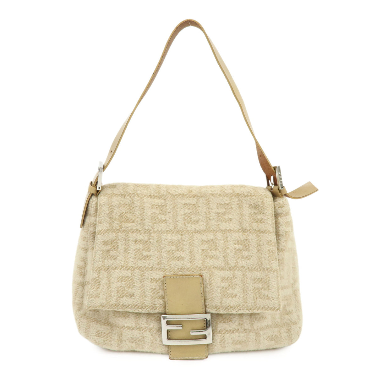FENDI Mamma Baguette Zucca Wool Leather Shoulder Bag Beige 26325