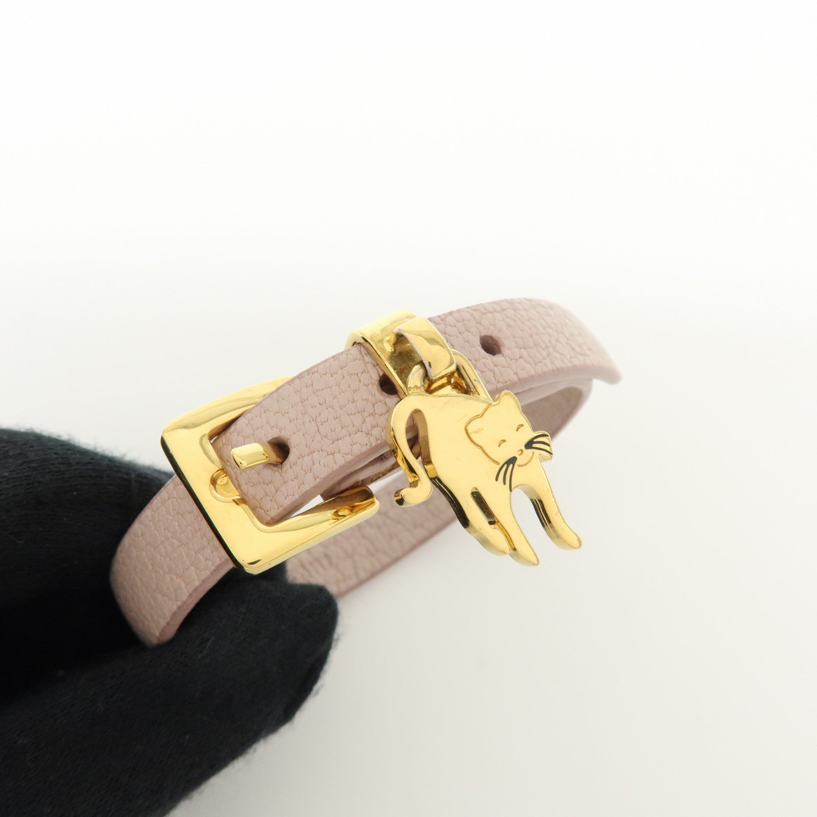 MIU MIU Madras Leather Metal Bracelet Cat Motif Pink 51B090