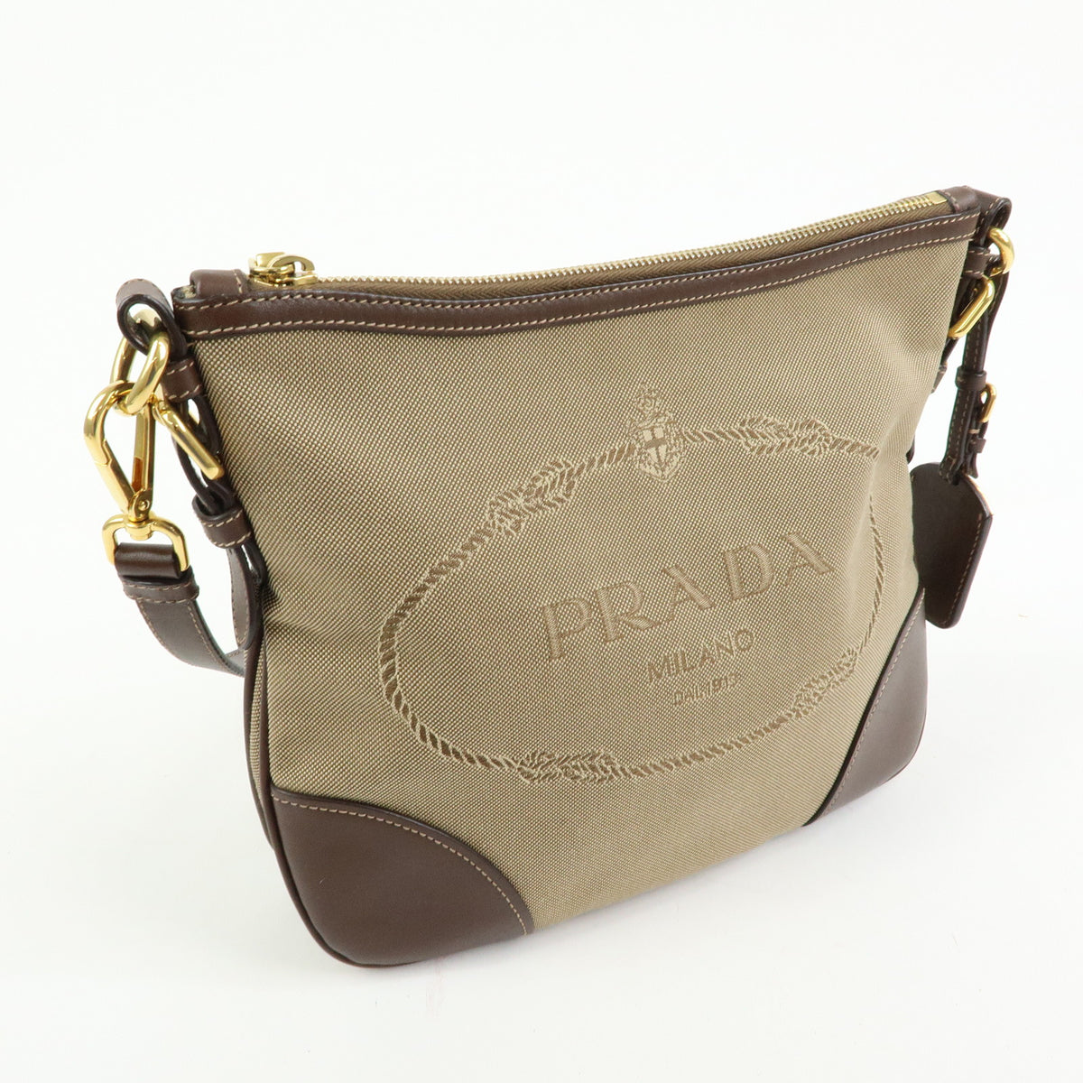 PRADA Jacquard Canvas Leather Shoulder Bag Crossbody Bag Beige Brown