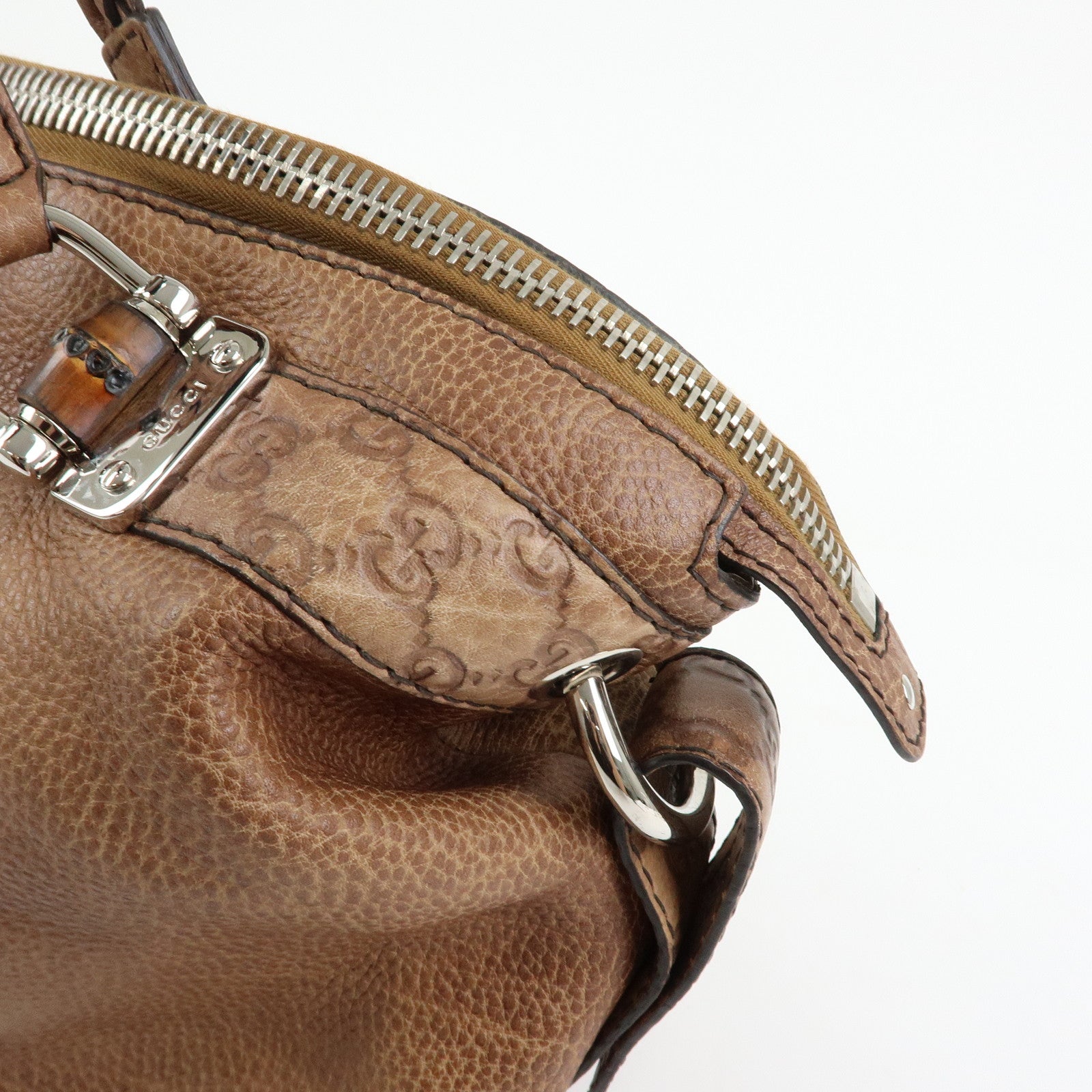 GUCCI Bamboo Embossed Leather Boston Bag Hand Bag Brown 232959