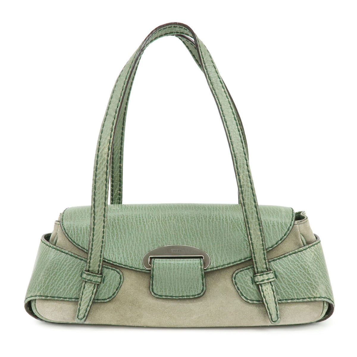TOD'S Logo Suede Embossed Leather Hand Bag Shoulder Bag Sage Green