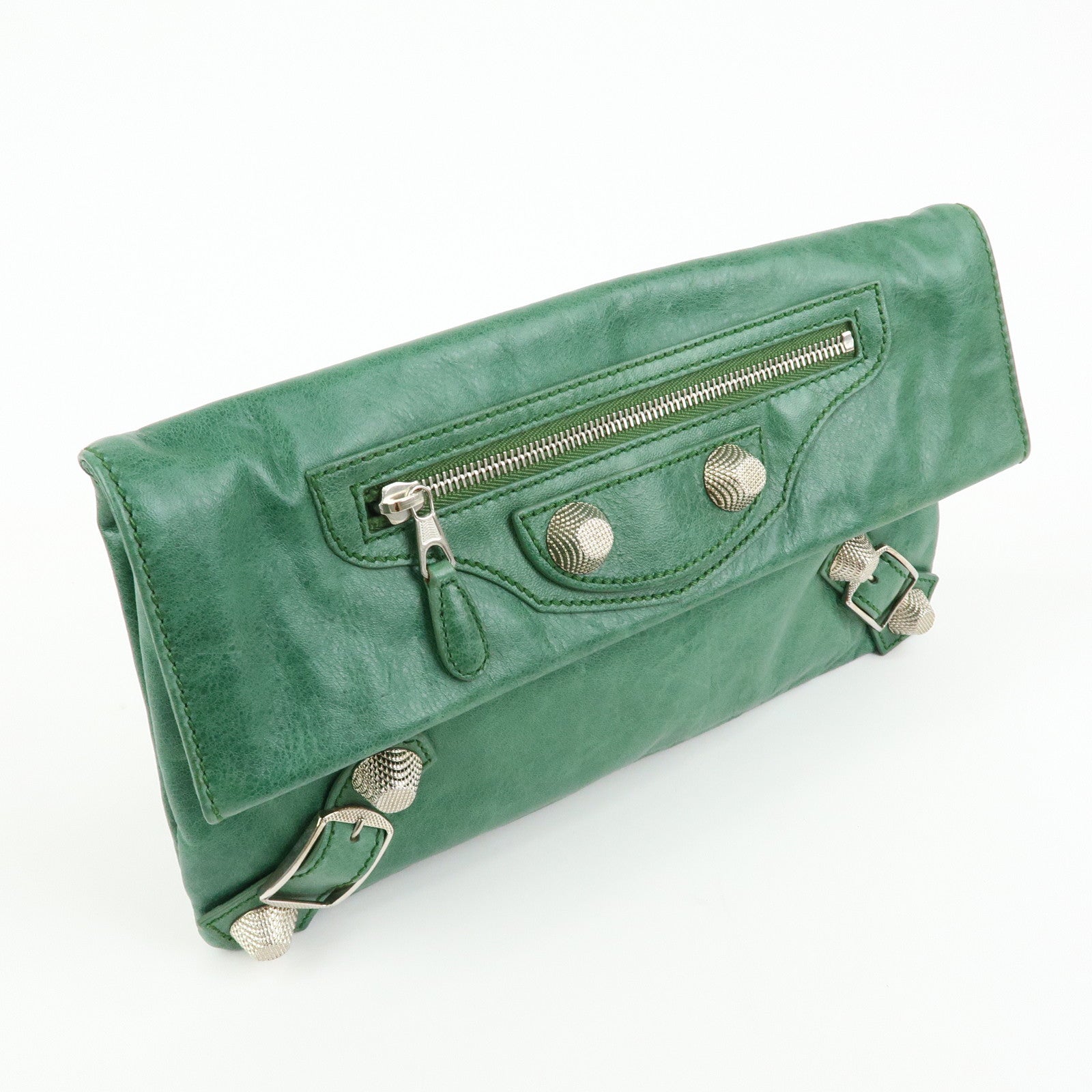 BALENCIAGA Giant Envelope Leather Clutch Bag Pouch Green 186182