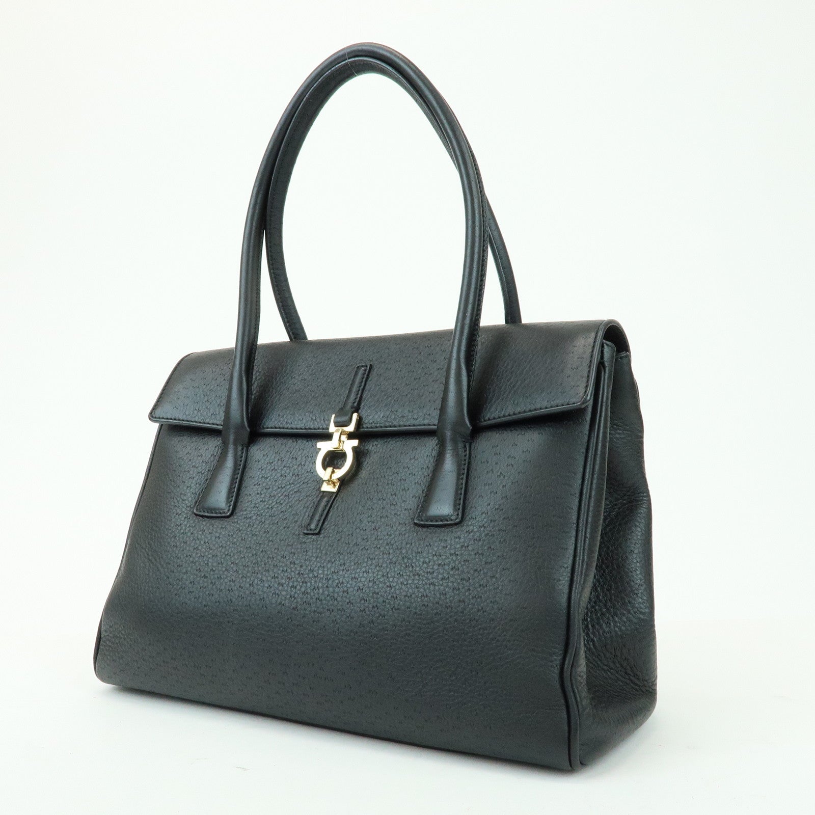 Ferragamo Gancini Leather Hand Bag Shoulder Bag Black