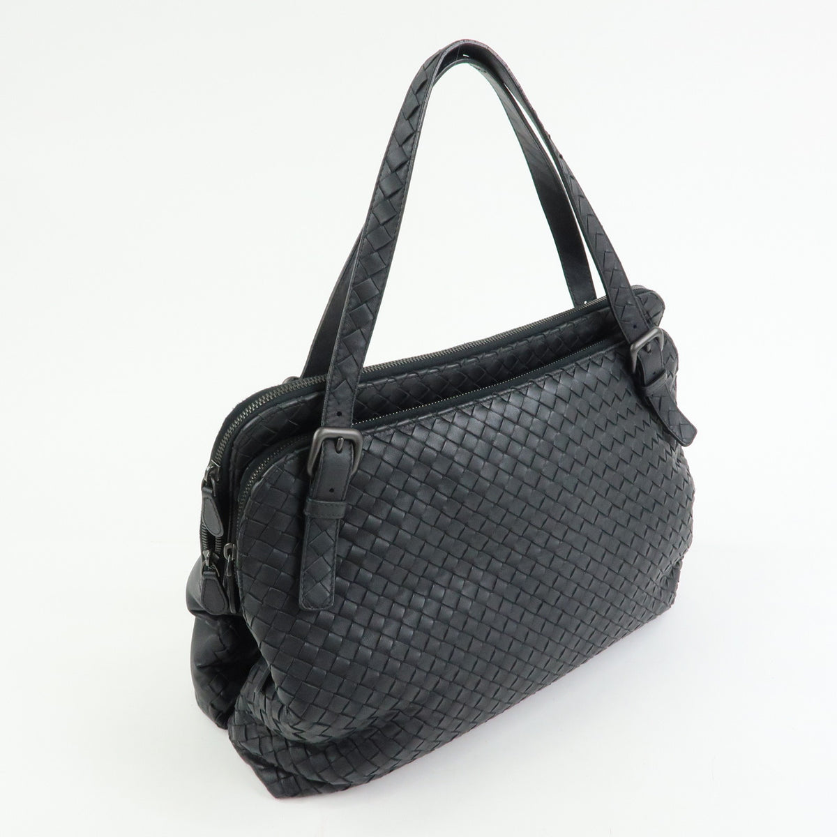 BOTTEGA VENETA Intrecciato Leather Boston Bag Shoulder Bag Black