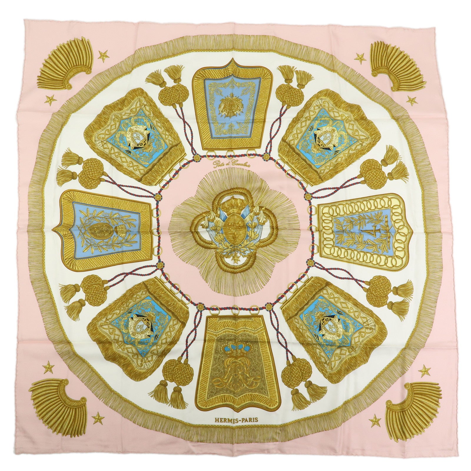 HERMES Carre 90 Silk 100% Scarf Poste et Cavalerie Light Pink Gold