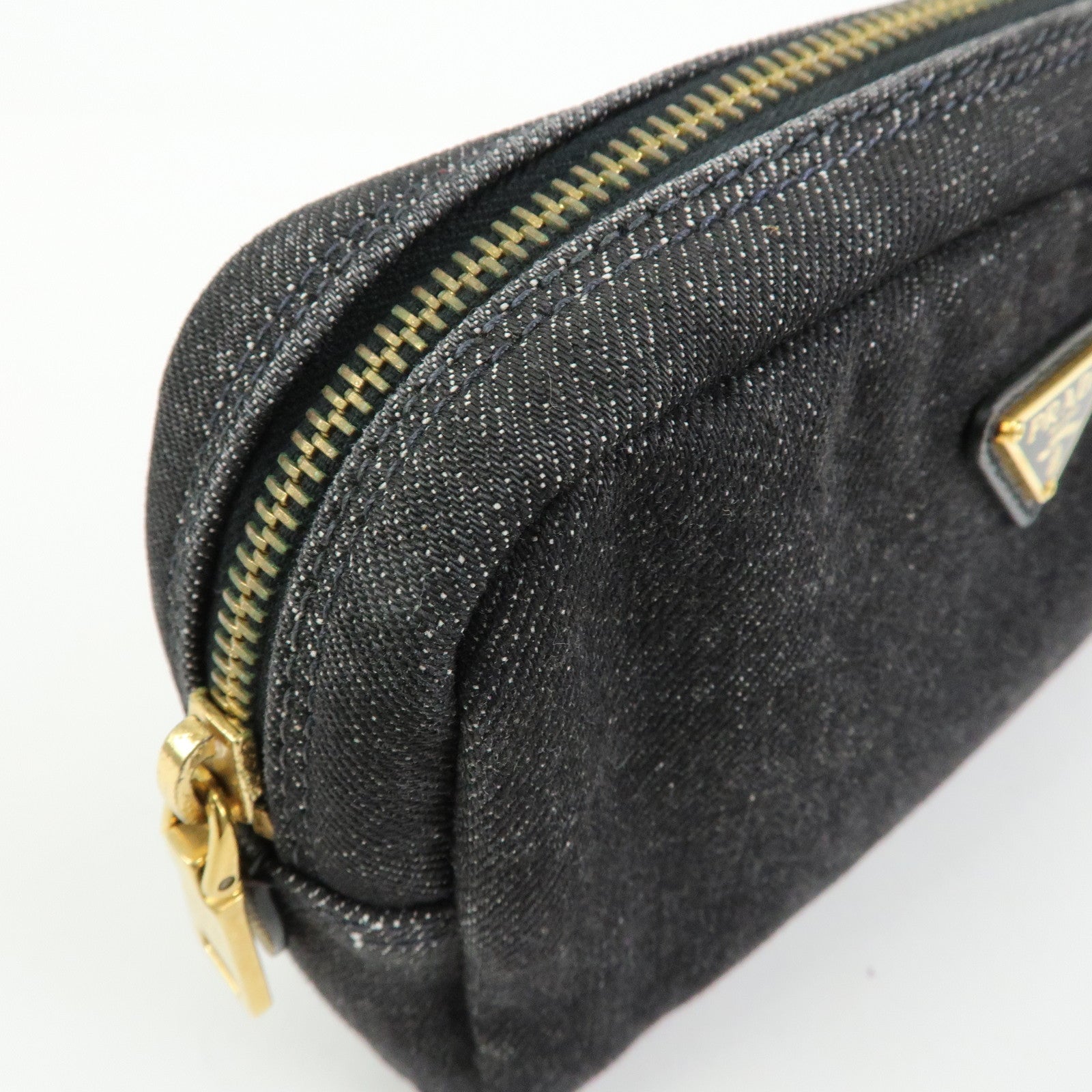 PRADA Triangle Logo Denim Cosmetic Pouch Black Gold
