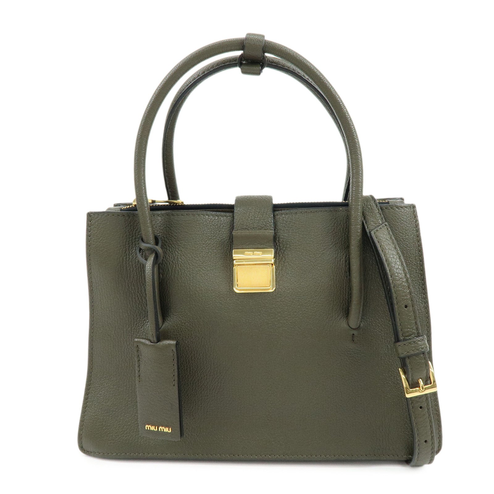 MIU MIU Madras Leather 2Way Bag Hand Bag Shoulder Bag Khaki 5BA104