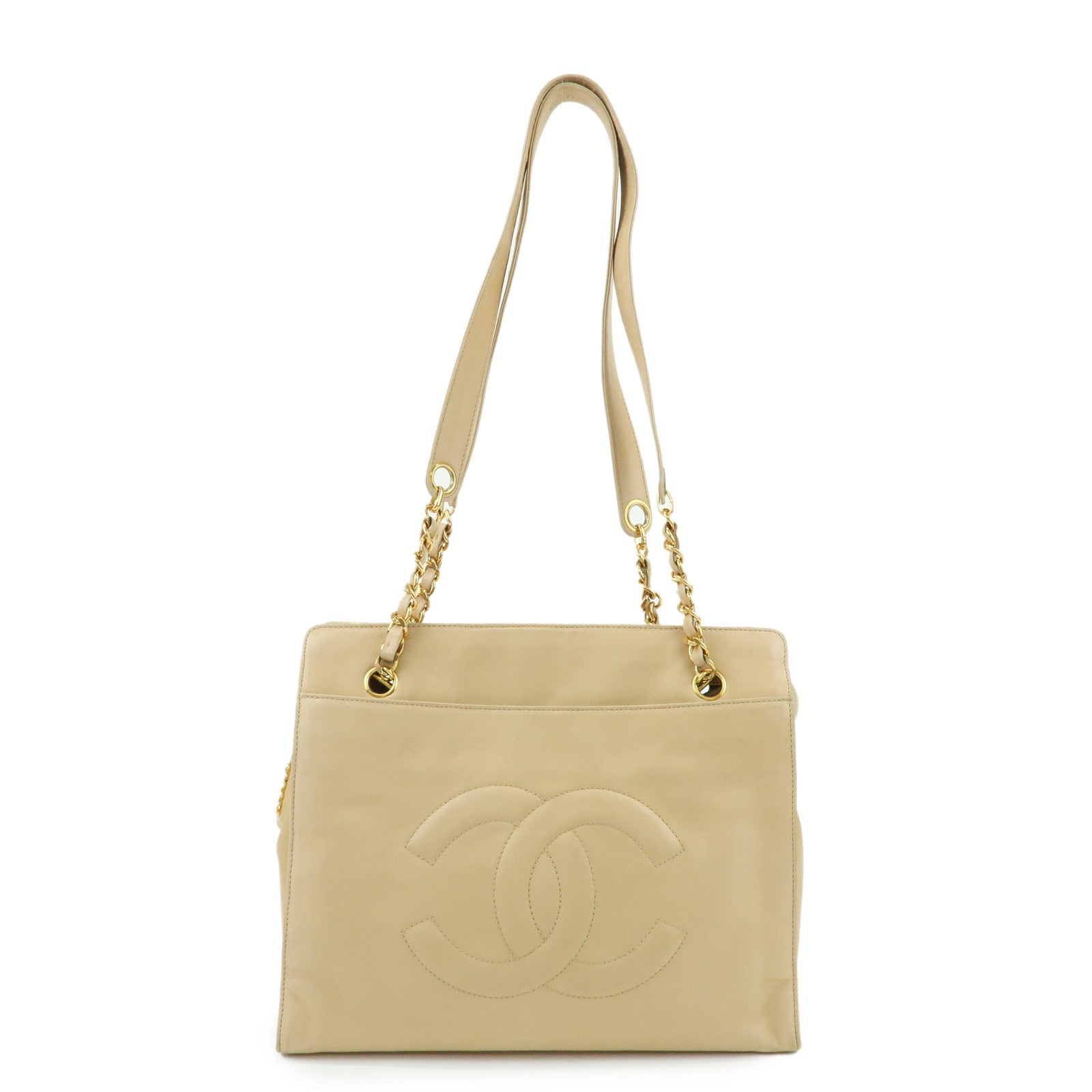 CHANEL COCO Mark Lamb Skin Chain Shoulder Bag Tote Bag Beige Gold