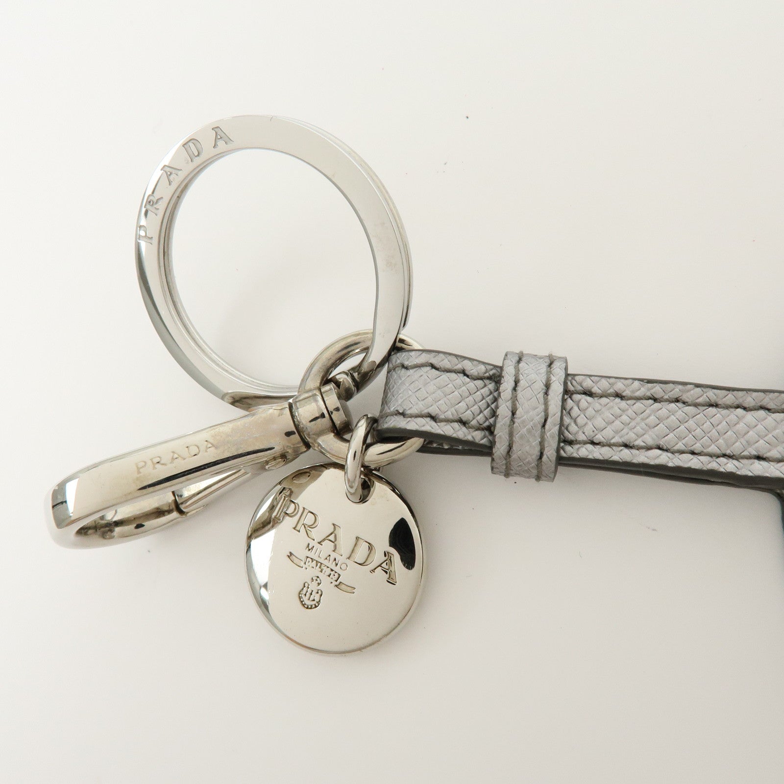 PRADA Triangle Logo Saffiano Leather Bag Charm Key Holder Silver 1TL489