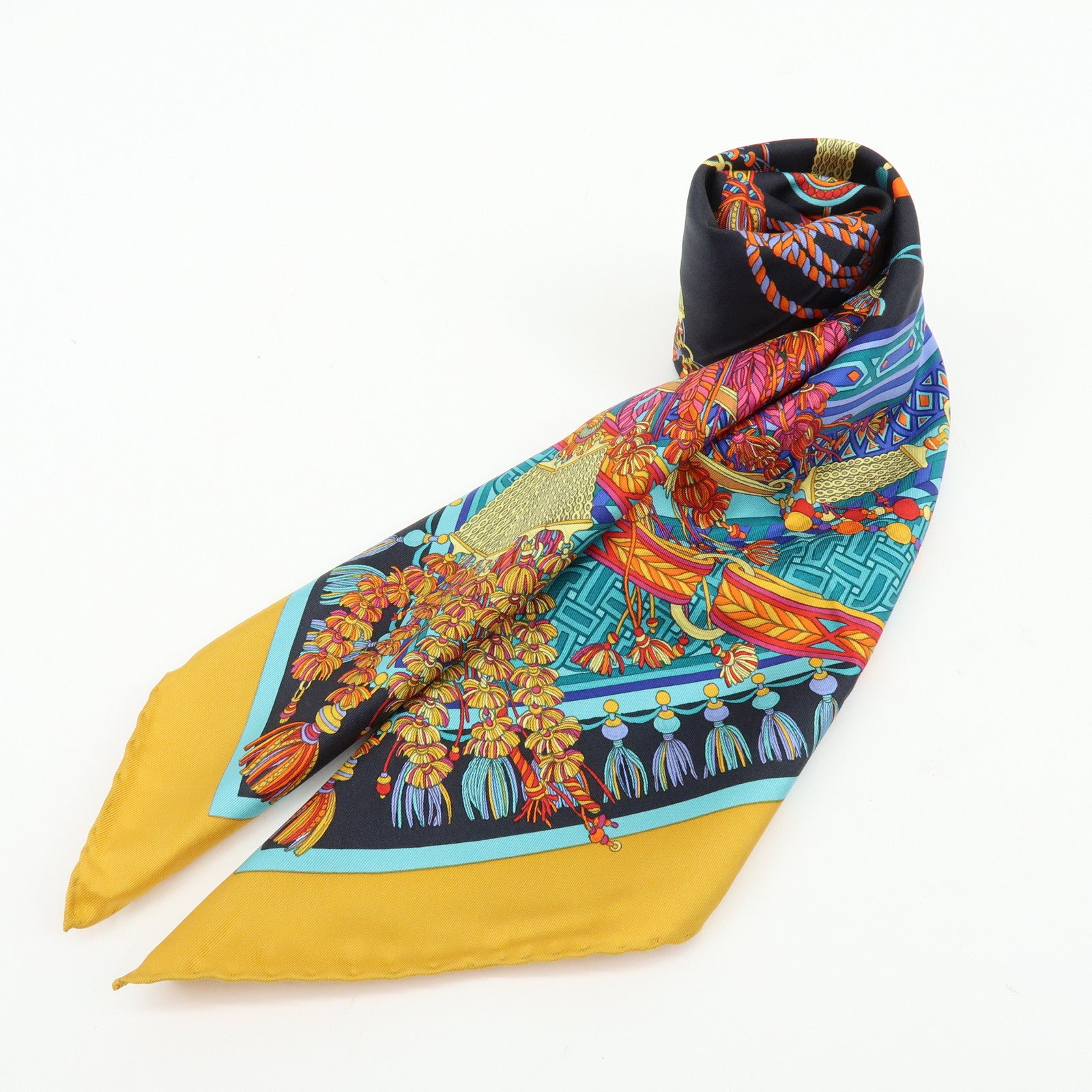 GUCCI Silk 100% Scarf Tassel Motif Black Yellow Multicolor