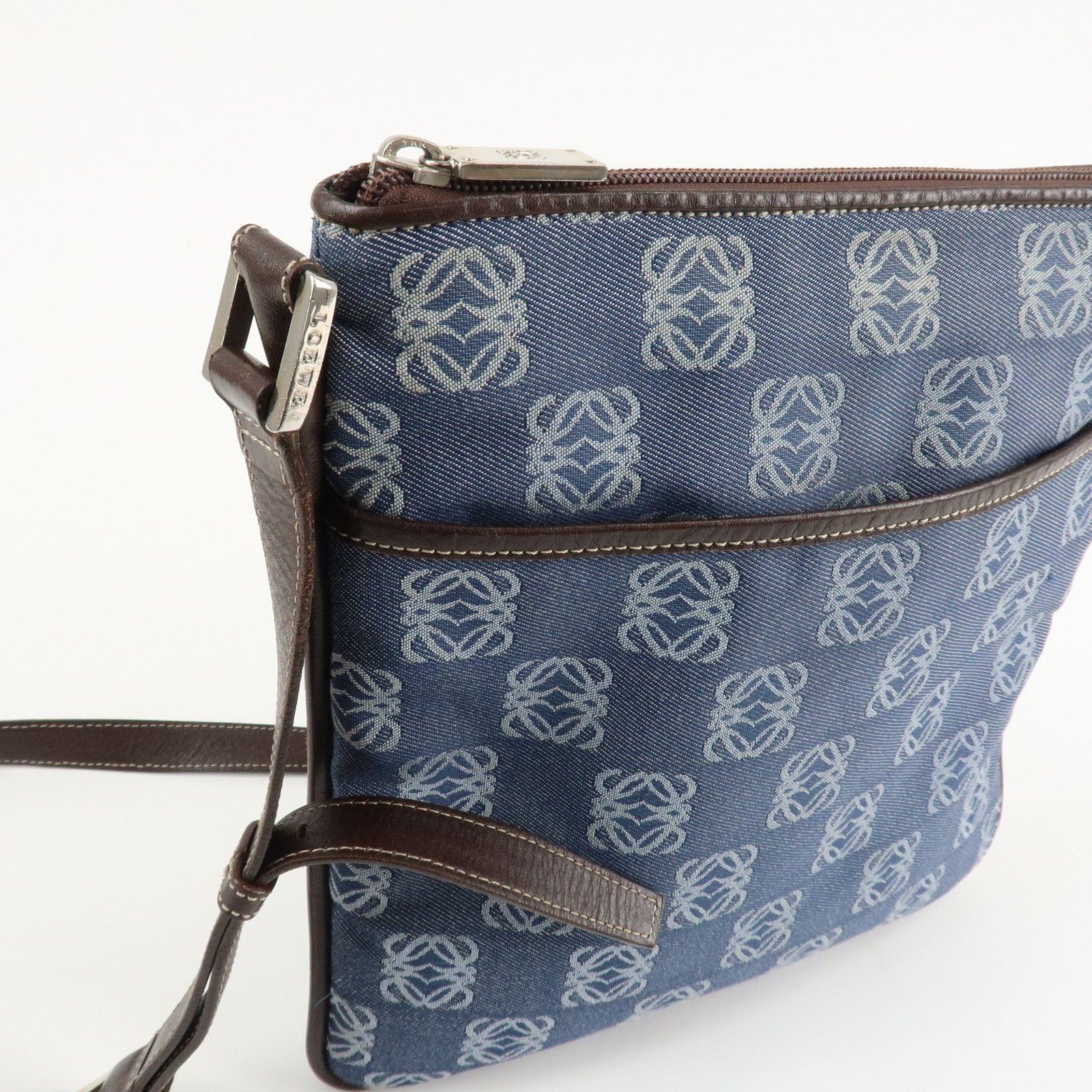 LOEWE Repeat Anagram Canvas Leather Shoulder Bag Crossbody Bag Blue Used