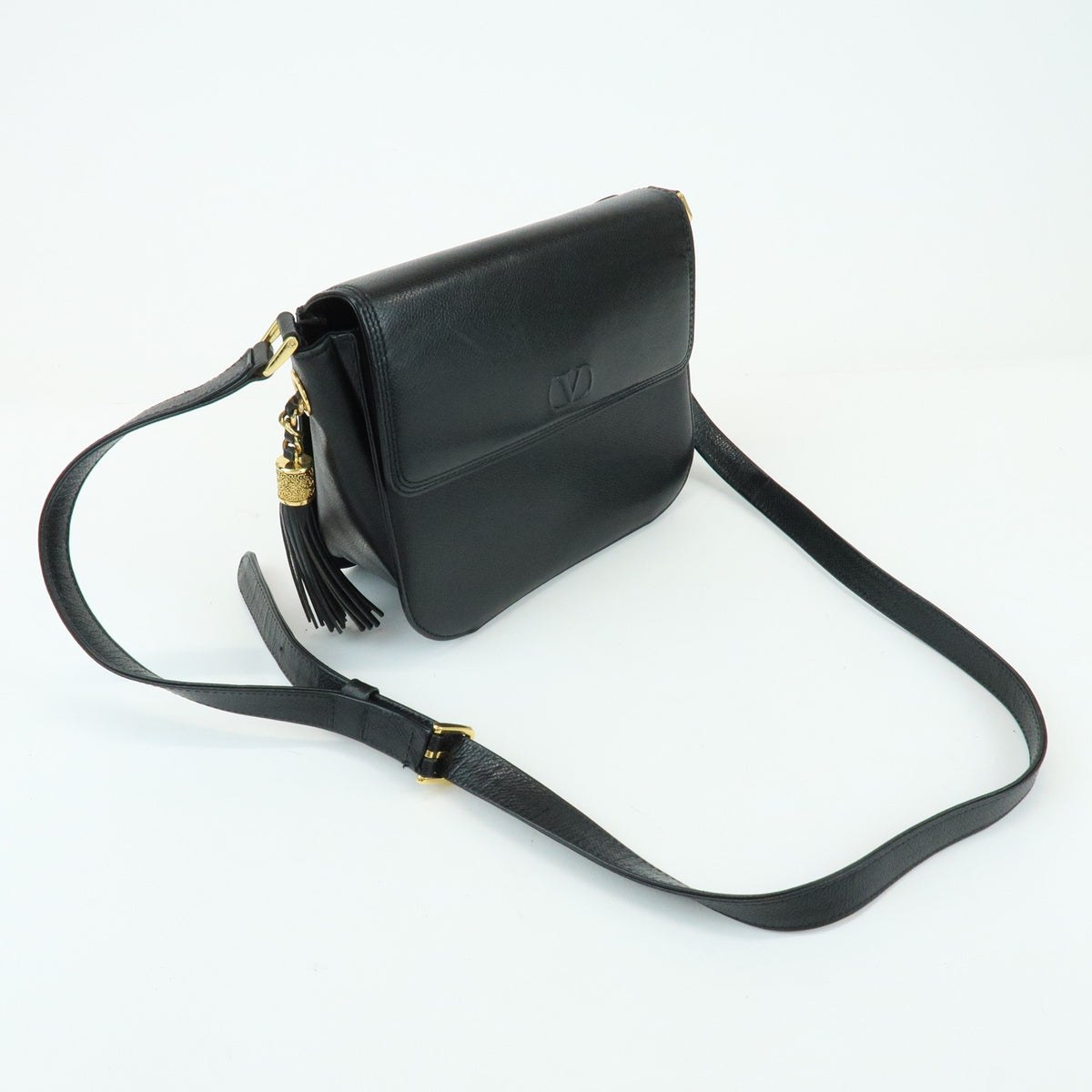 VALENTINO V Logo Leather Shoulder Bag Crossbody Bag Tassel Charm Black