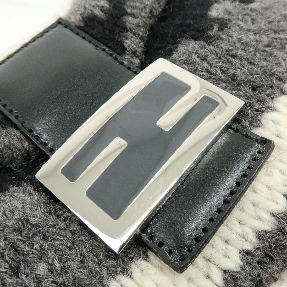 FENDI Mamma Baquette Wool Leather Shoulder Bag Black Grey White 16059
