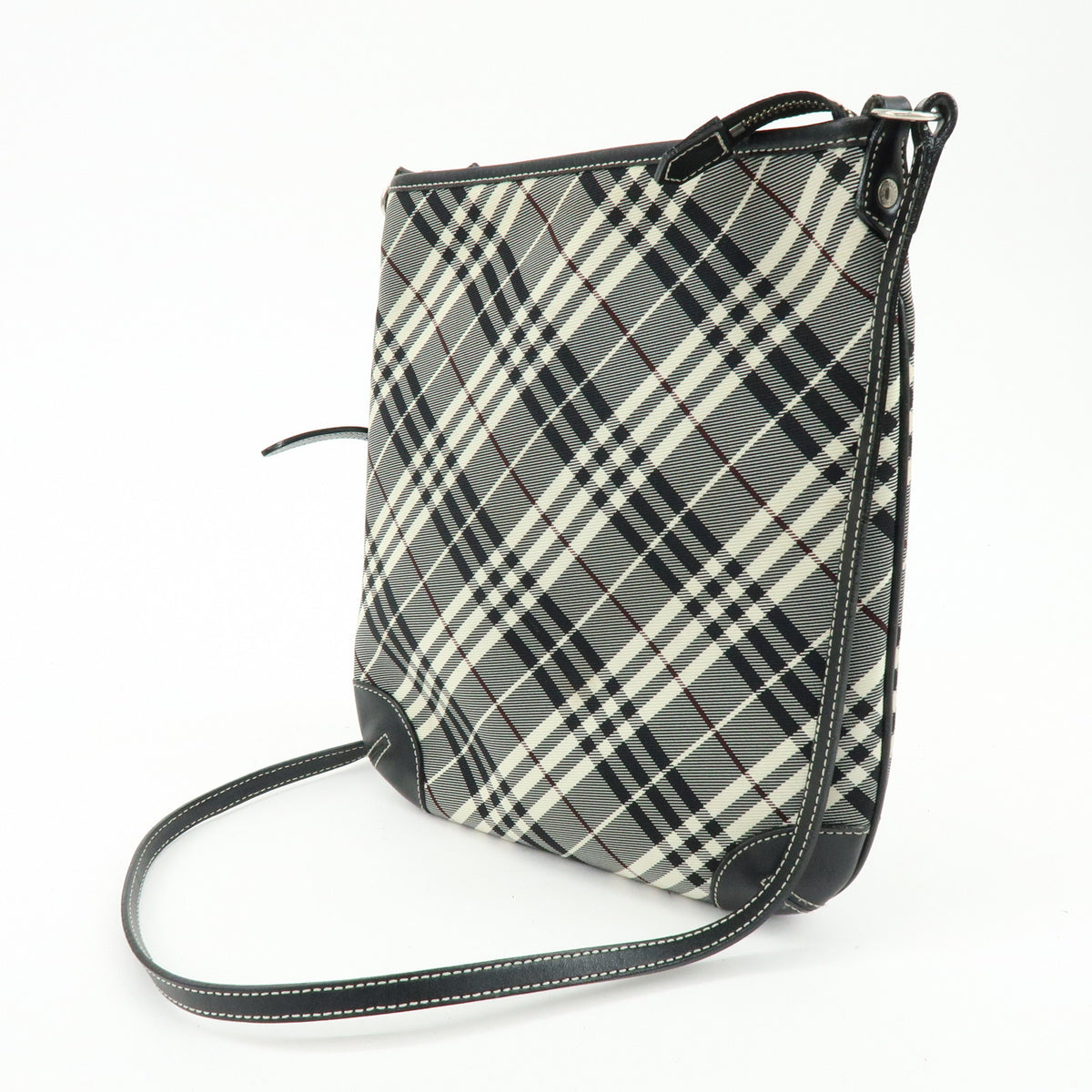 BURBERRY Nova Plaid Canvas Leather Shoulder Bag Black White Wine Red