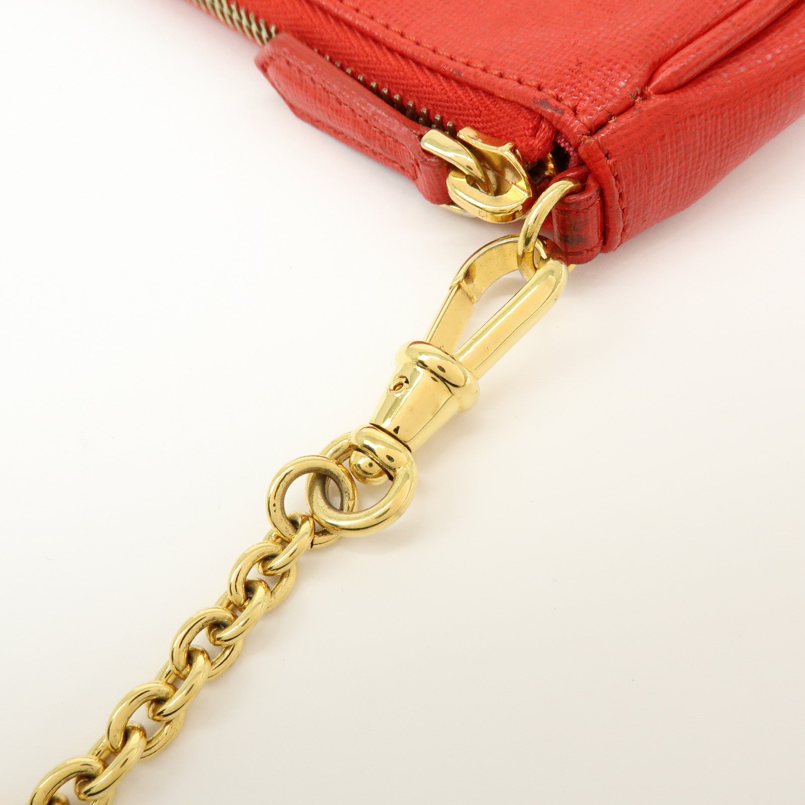 FENDI Embossed Leather Chain Accessary Pouch Hand Bag Red 8M0271