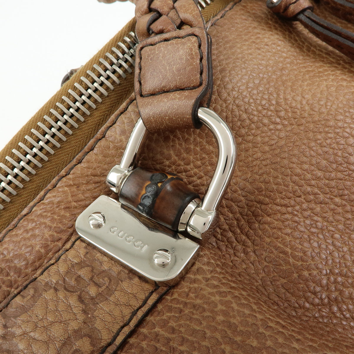 GUCCI Bamboo Embossed Leather Boston Bag Hand Bag Brown 232959