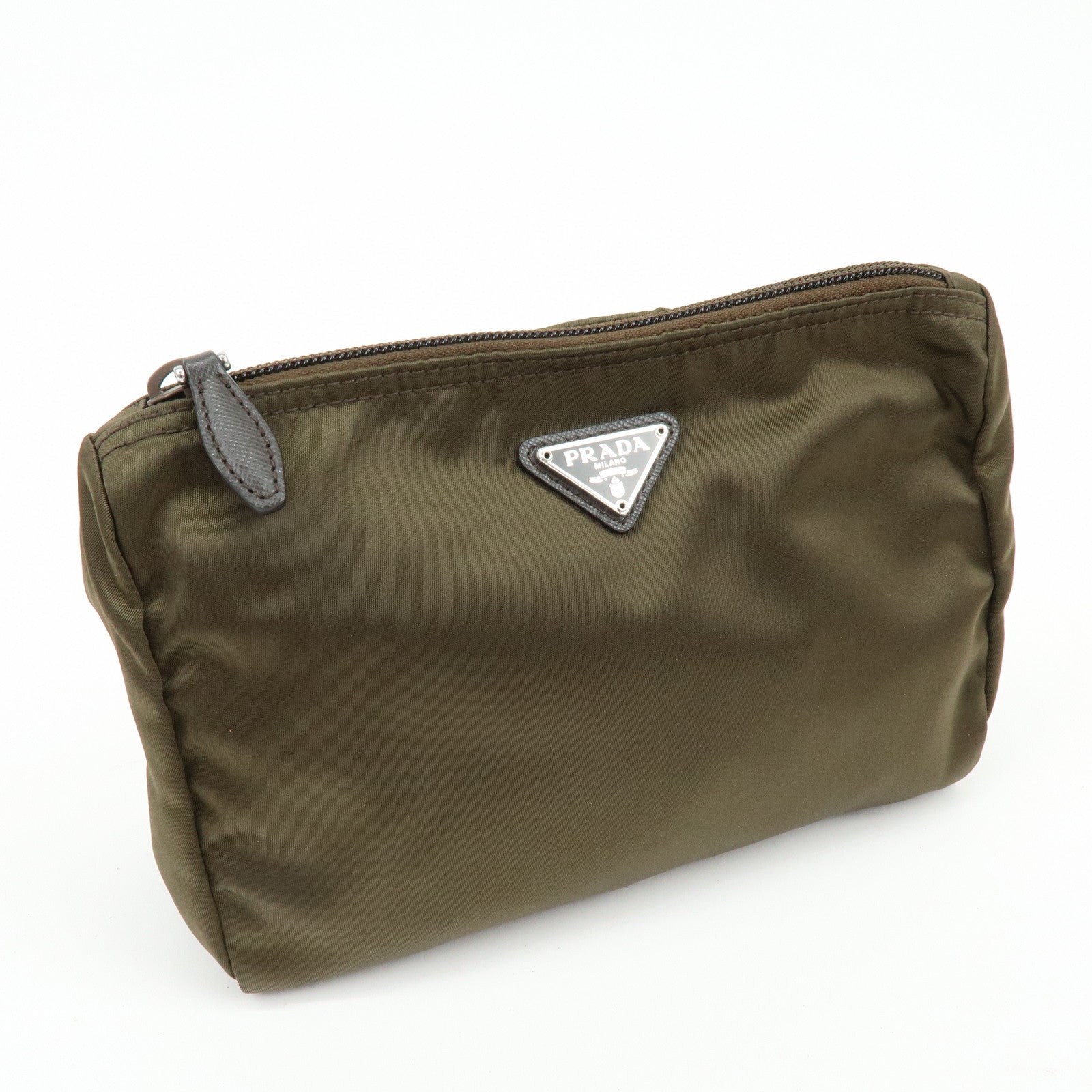 PRADA Triangle Logo Nylon Leather Pouch Cosmetic Makeup Bag Khaki