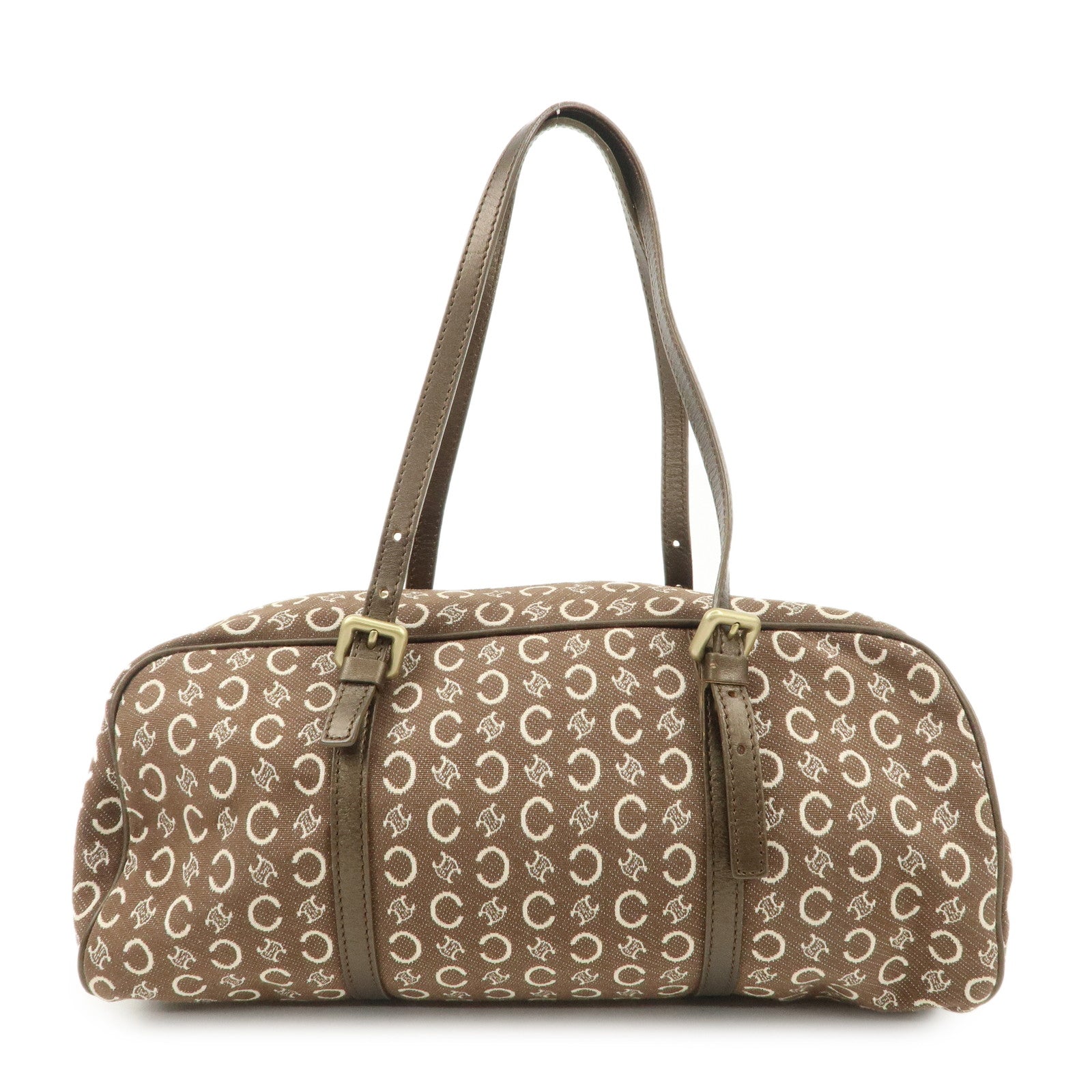 CELINE C Macadam Canvas Leather Boston Bag Hand Bag Brown White Used