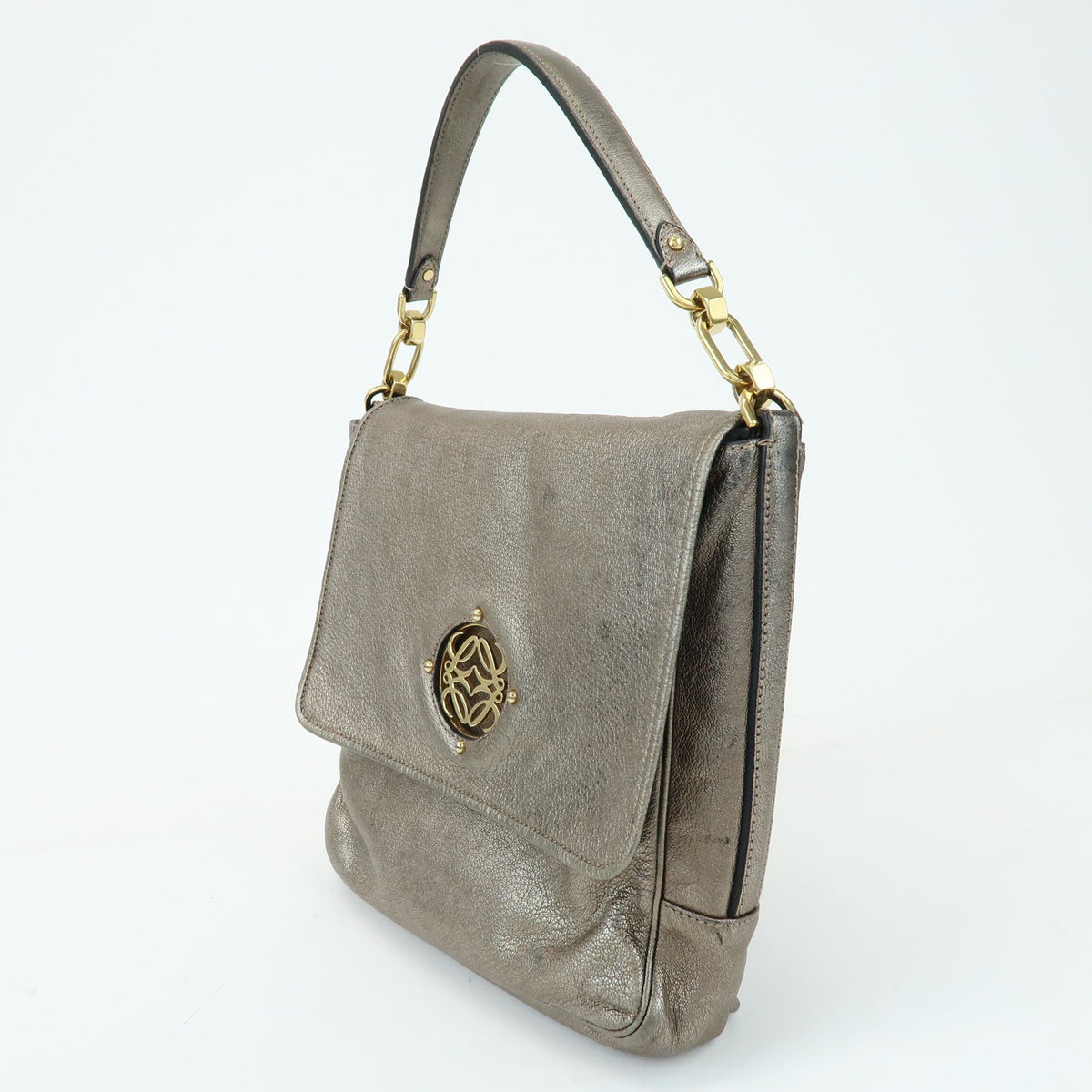 LOEWE Mya Anagram Leather Shoulder Bag Hand Bag Silver Gray