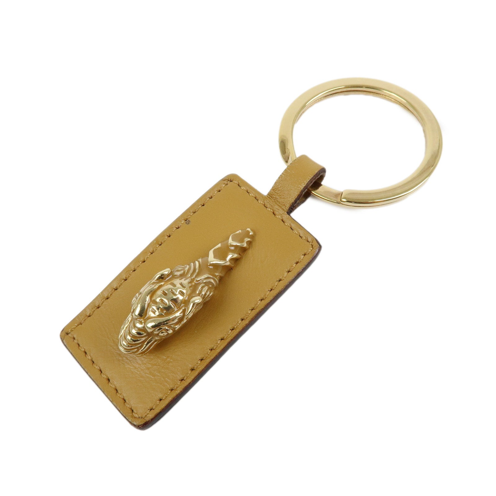 GUCCI Tiger Head Leather Metal Bag Charm Key Holder Brown Gold