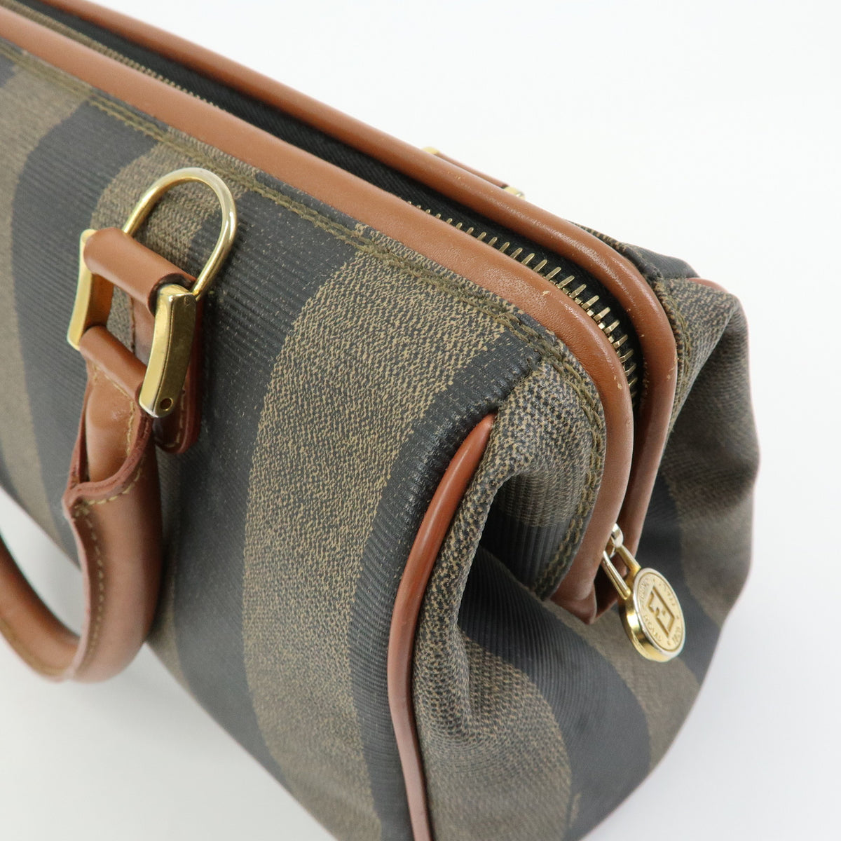 FENDI Pequin PVC Leather Boston Bag Hand Bag Brown Beige Black