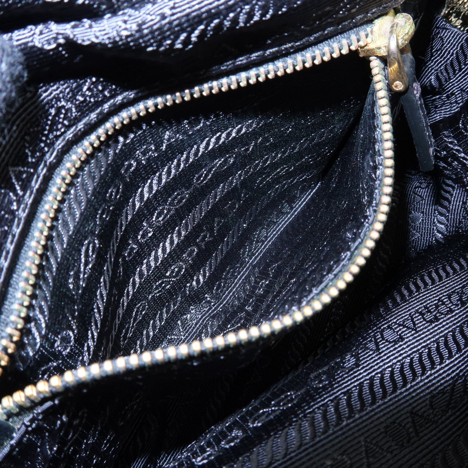 PRADA Triangle Logo Denim Cosmetic Pouch Black Gold