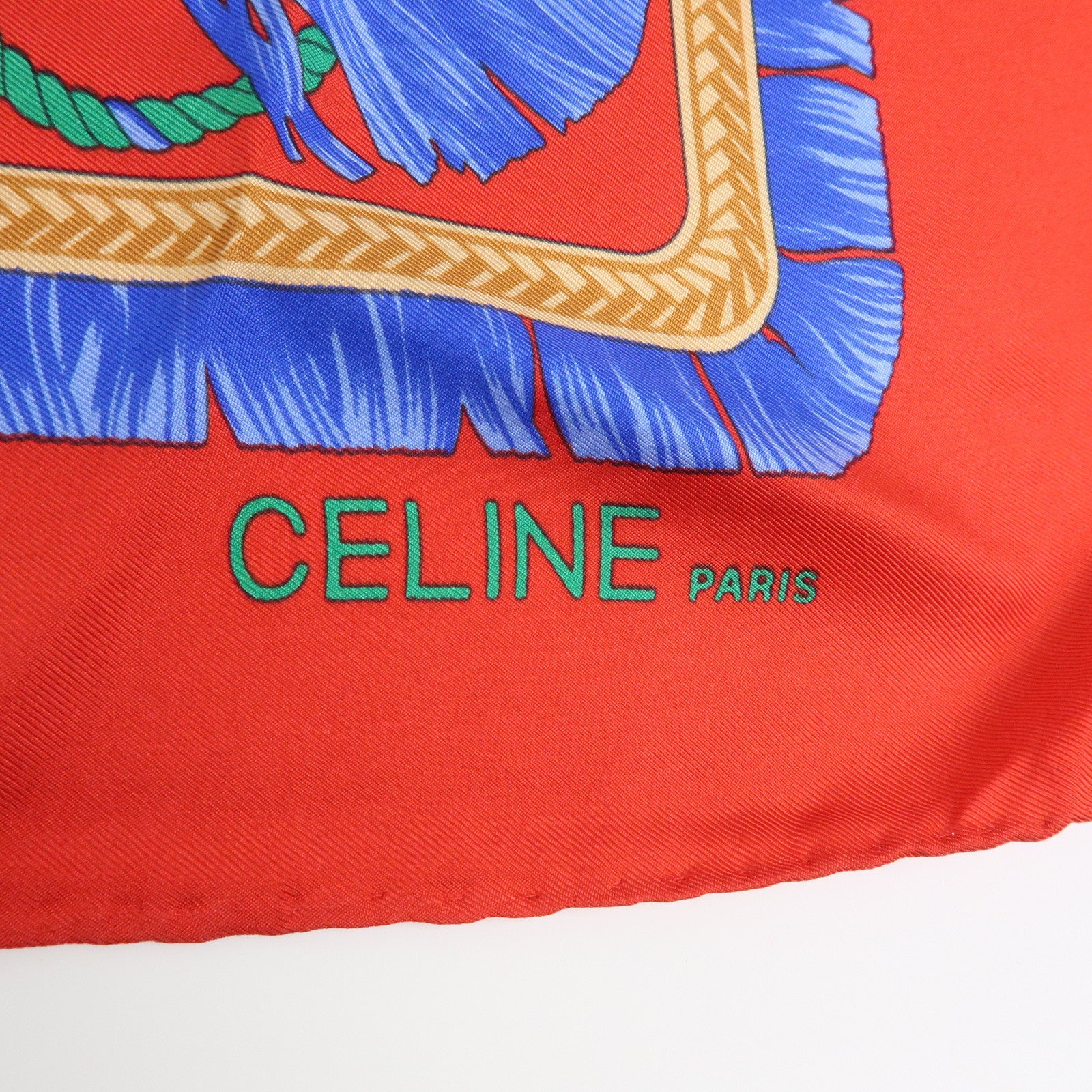 CELINE Silk100% Tassel Chain Print Scarf Shawl Blue Red Yellow