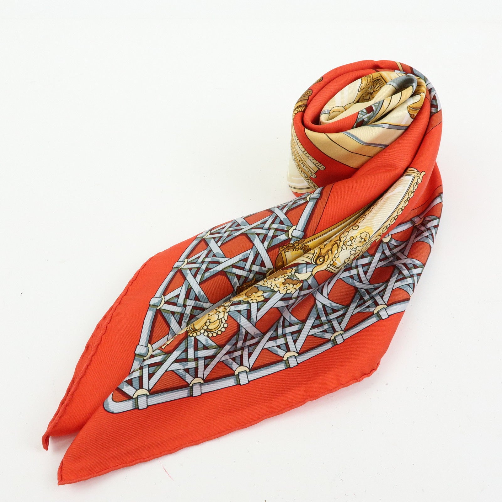 HERMES Carre 90 Silk 100% Scarf FEUX DE ROUTE Lantern Motif Red Gold