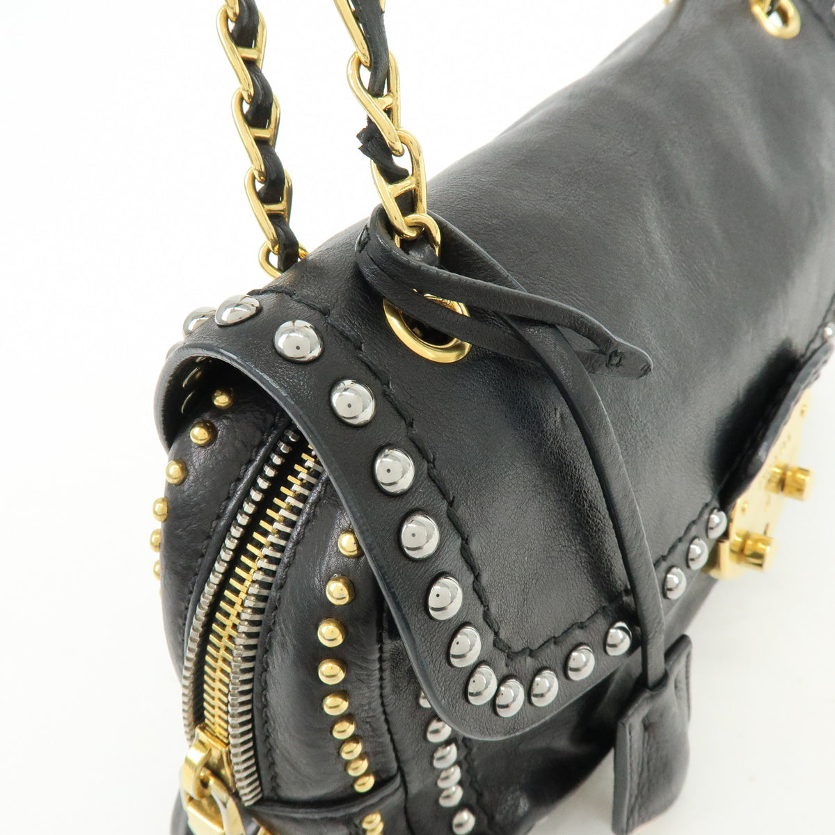 PRADA Leather Chain Shoulder Bag Studded Black Gold Silver BR4588