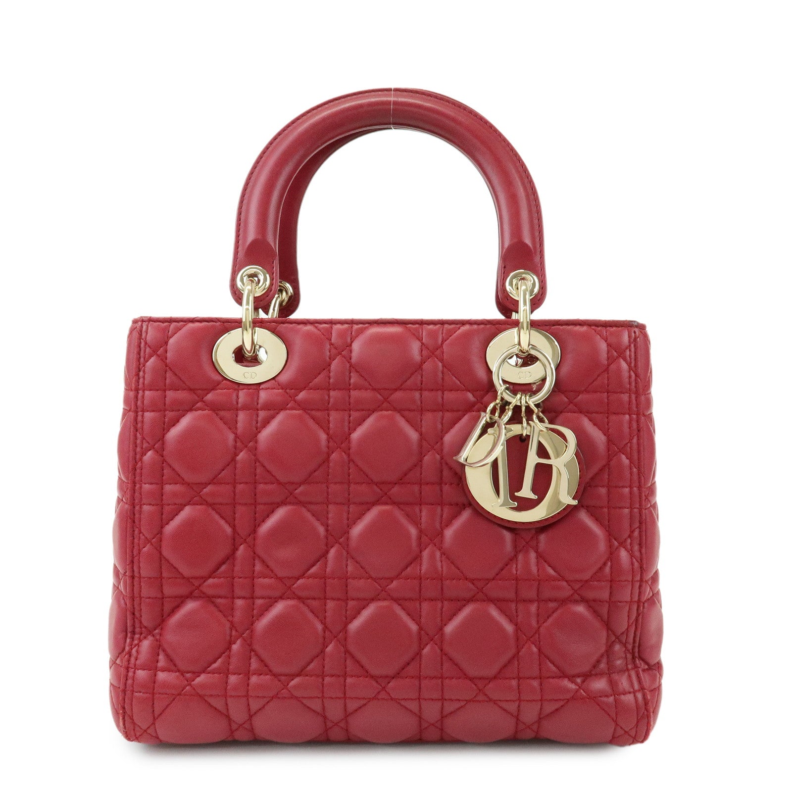 Christian Dior Lady Dior Cannage Lamb Skin Hand Bag Red
