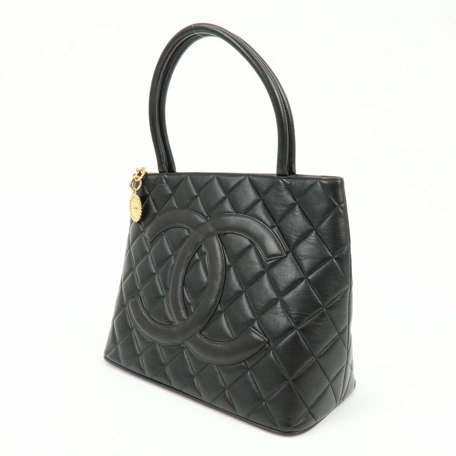 CHANEL Matelasse COCO Mark Calf Skin Medallion Tote Bag Black A01804