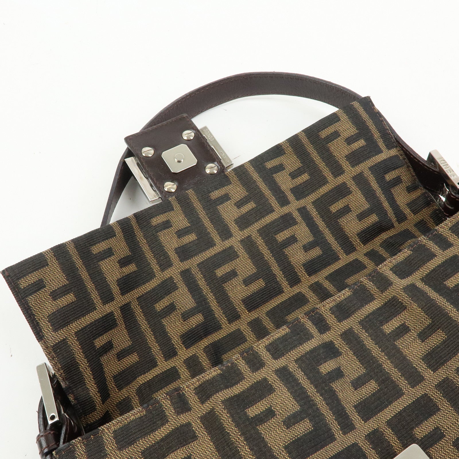 FENDI Mamma Baguette Zucca Canvas Leather Shoulder Bag Brown 26424