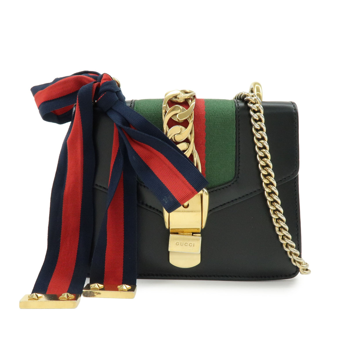 GUCCI Sylvie Sherry Leather Chain Shoulder Bag Crossbody Bag Black