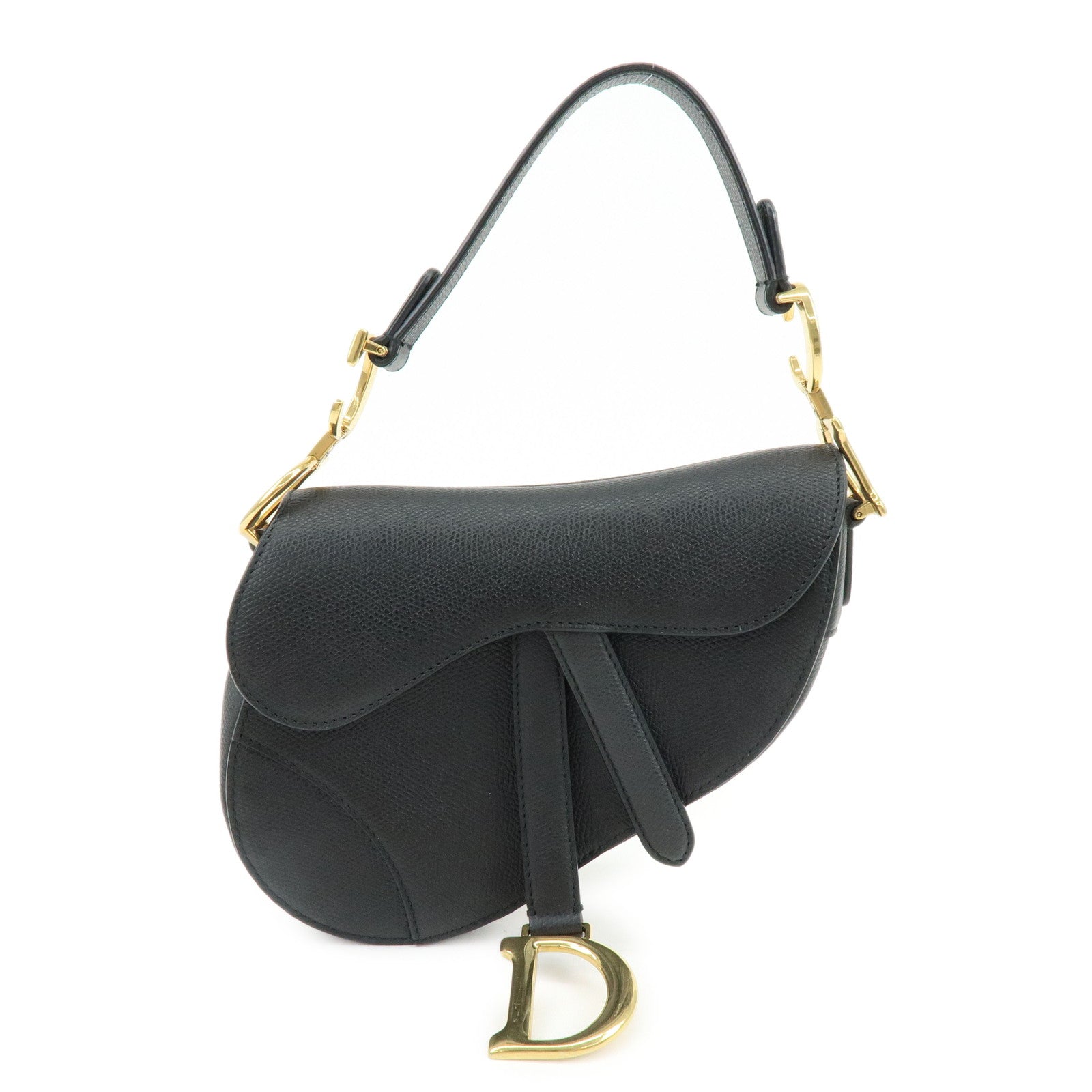 Christian Dior CD Logo Saddle Bag Leather Hand Bag Black