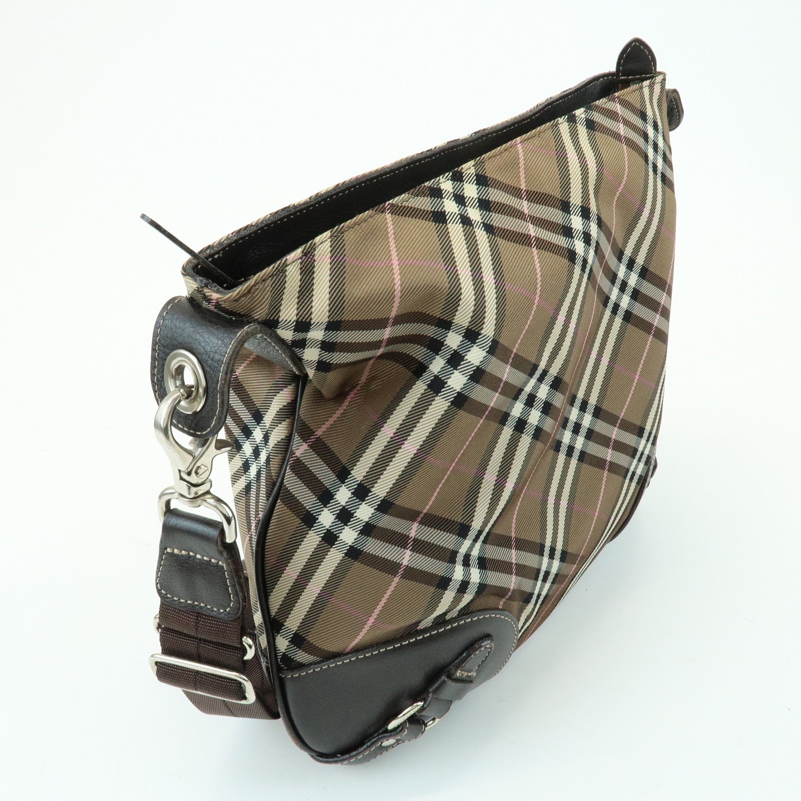 BURBERRY Nova Plaid Blue Label Canvas Leather Shoulder Bag Brown