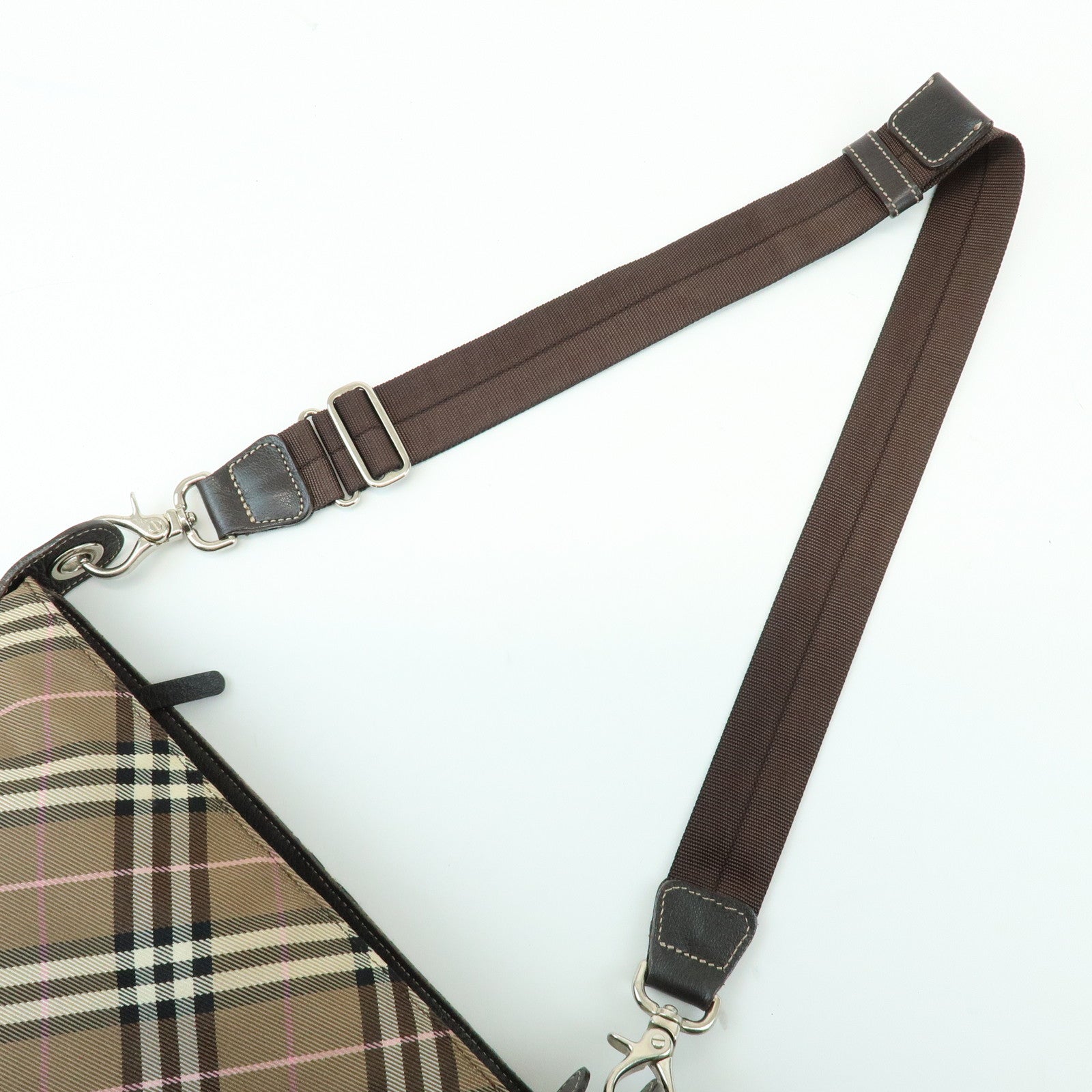 BURBERRY Nova Plaid Blue Label Canvas Leather Shoulder Bag Brown