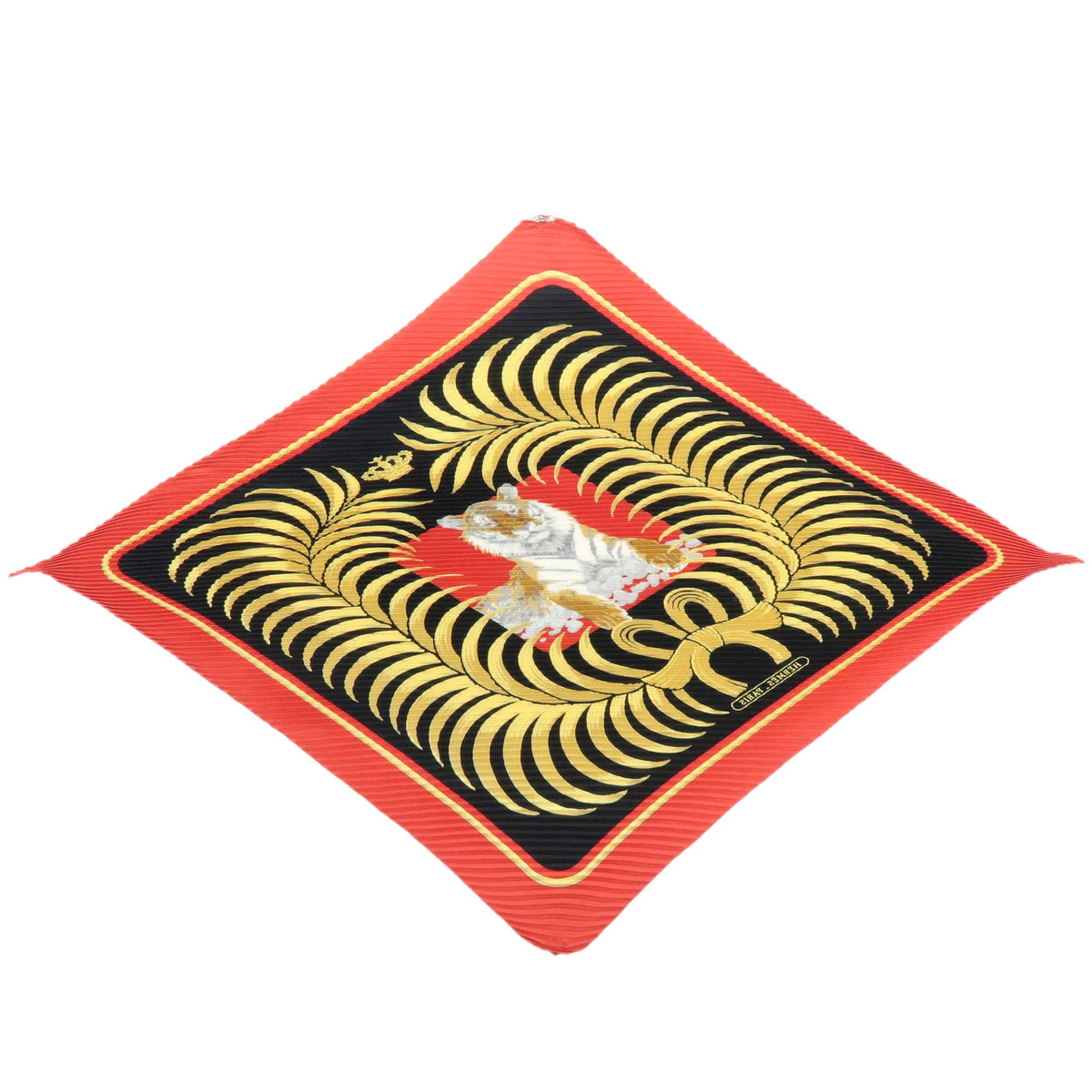 HERMES Pleated Carre 90 Silk 100% Scarf Tigre Royal Black Red Gold