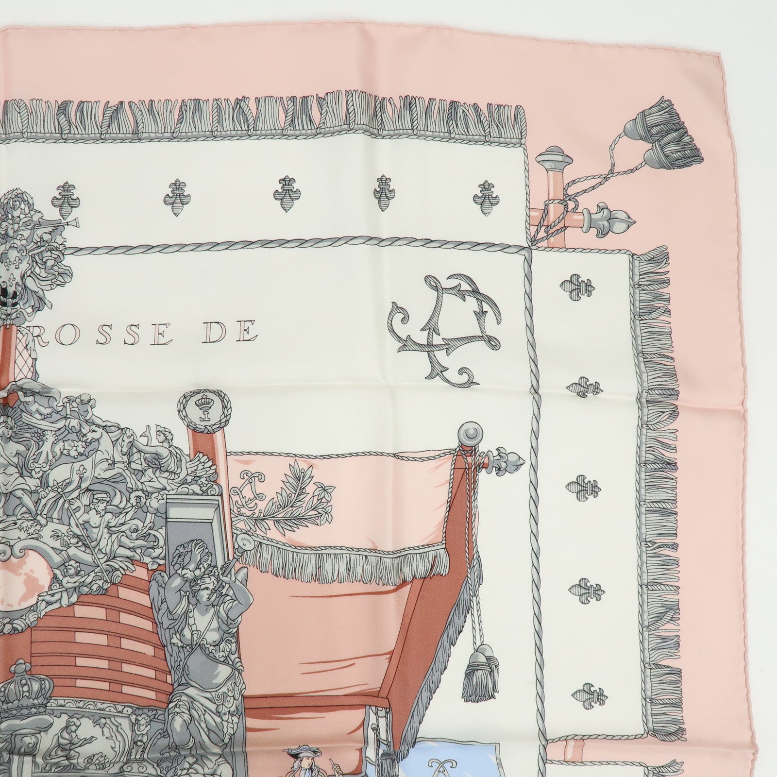 HERMES Carre 90 Silk 100% Scarf VUE DU CARROSSE DE LA GALERE Pink White