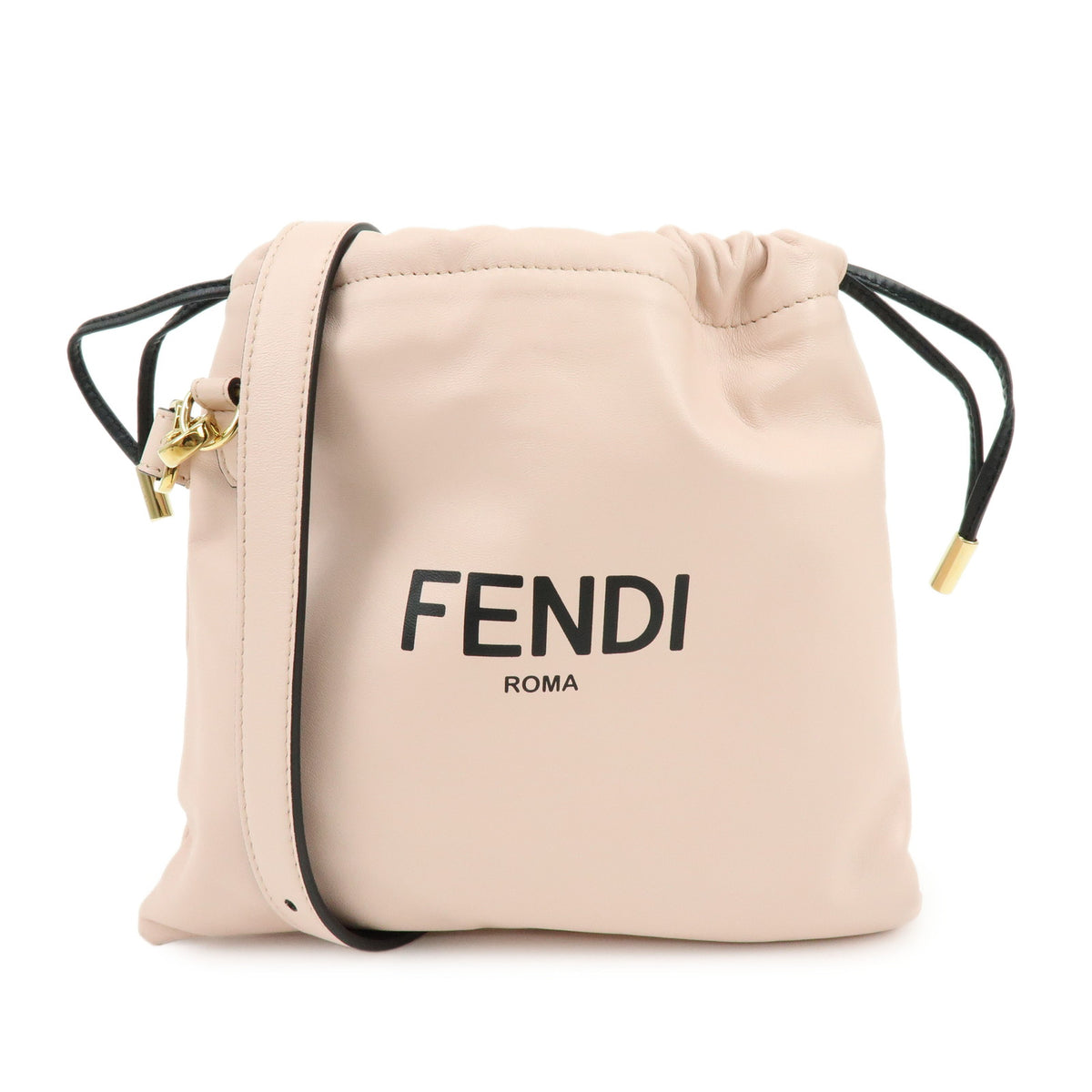 FENDI Logo Nappa Leather Drawstring Shoulder Bag Pouch Pink 8BT337