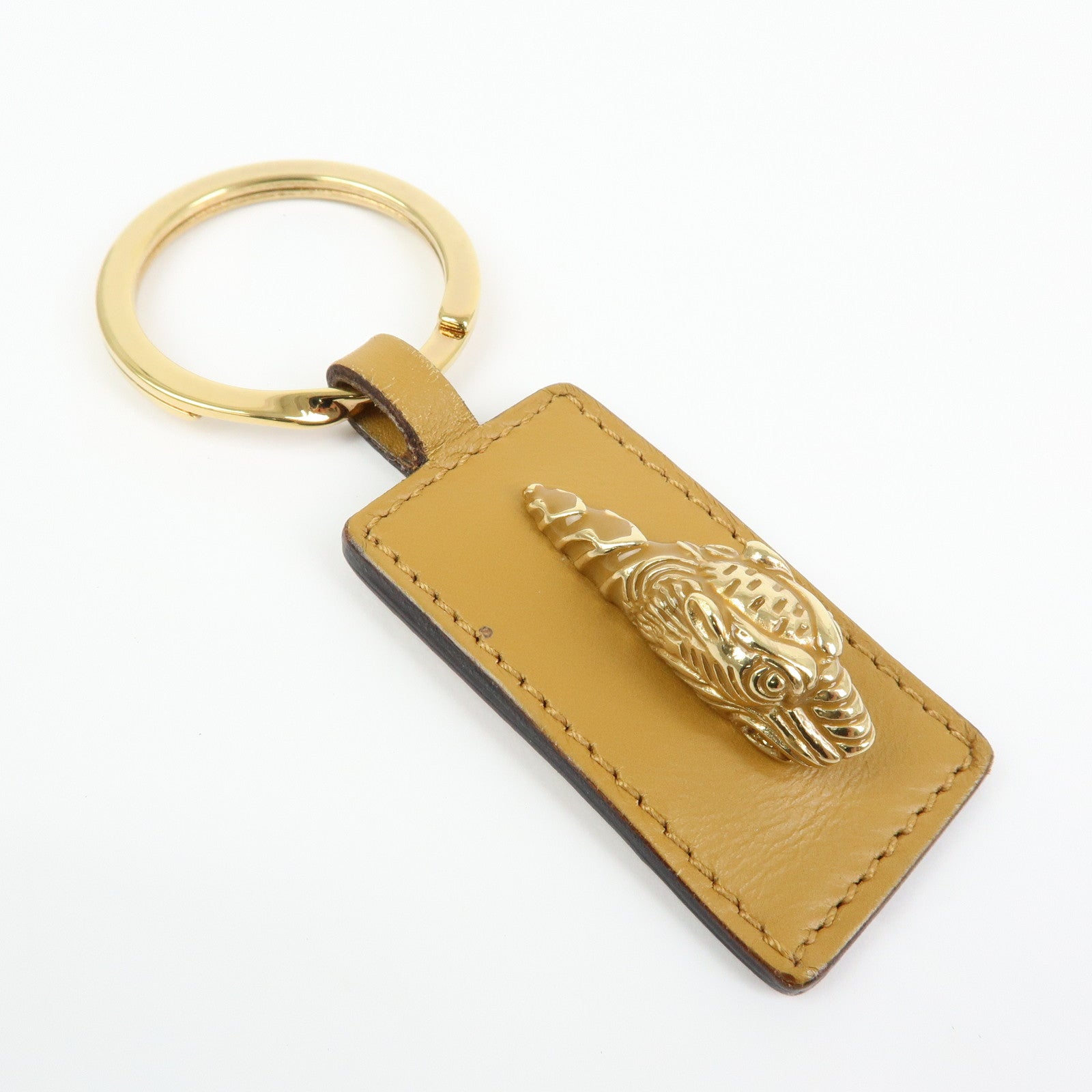 GUCCI Tiger Head Leather Metal Bag Charm Key Holder Brown Gold