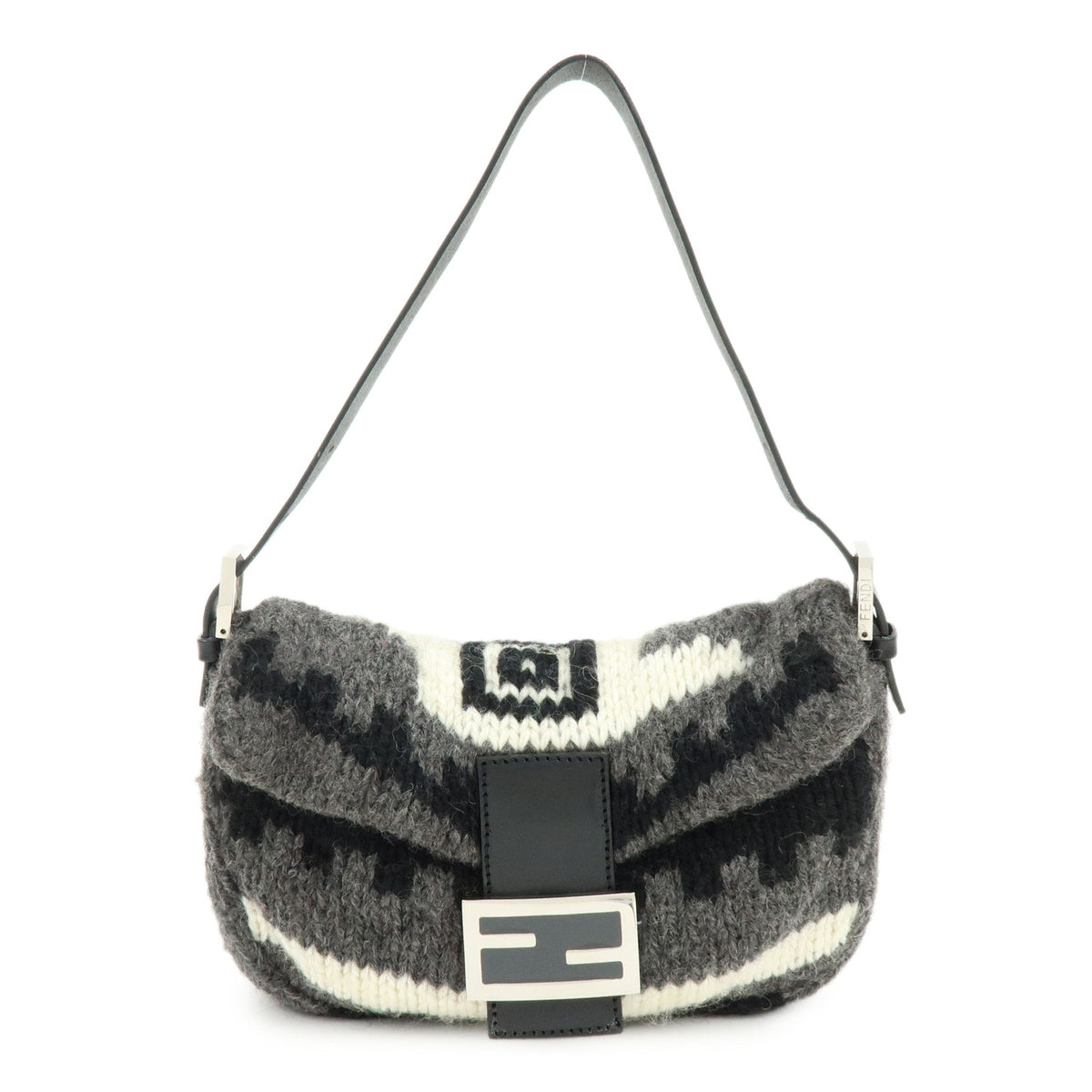 FENDI Mamma Baquette Wool Leather Shoulder Bag Black Grey White 16059