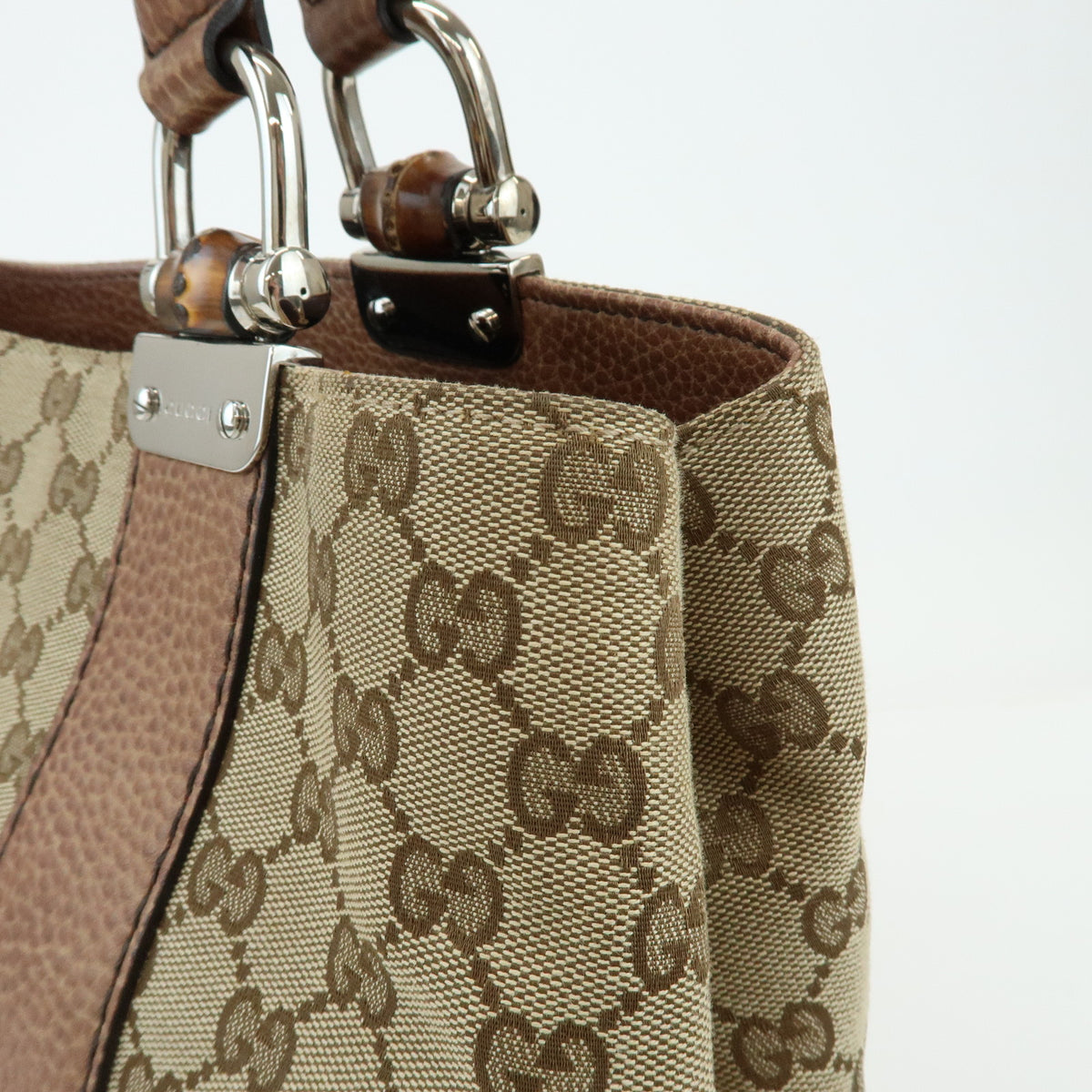 GUCCI Bamboo GG Canvas Leather Tote Bag Beige Brown 232947