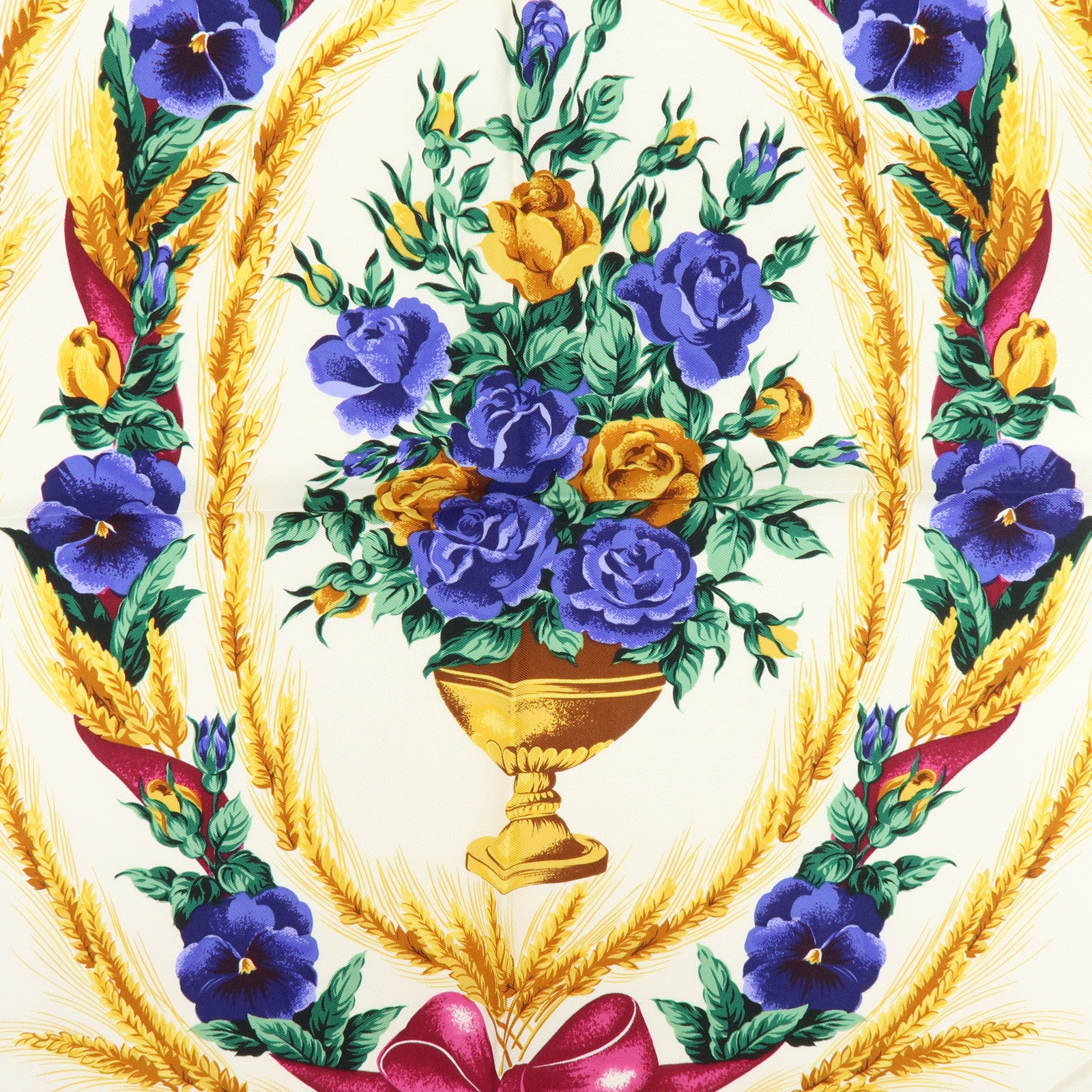 Christian Dior Silk 100% Scarf Flower Wheat Motif Navy Purple Gold