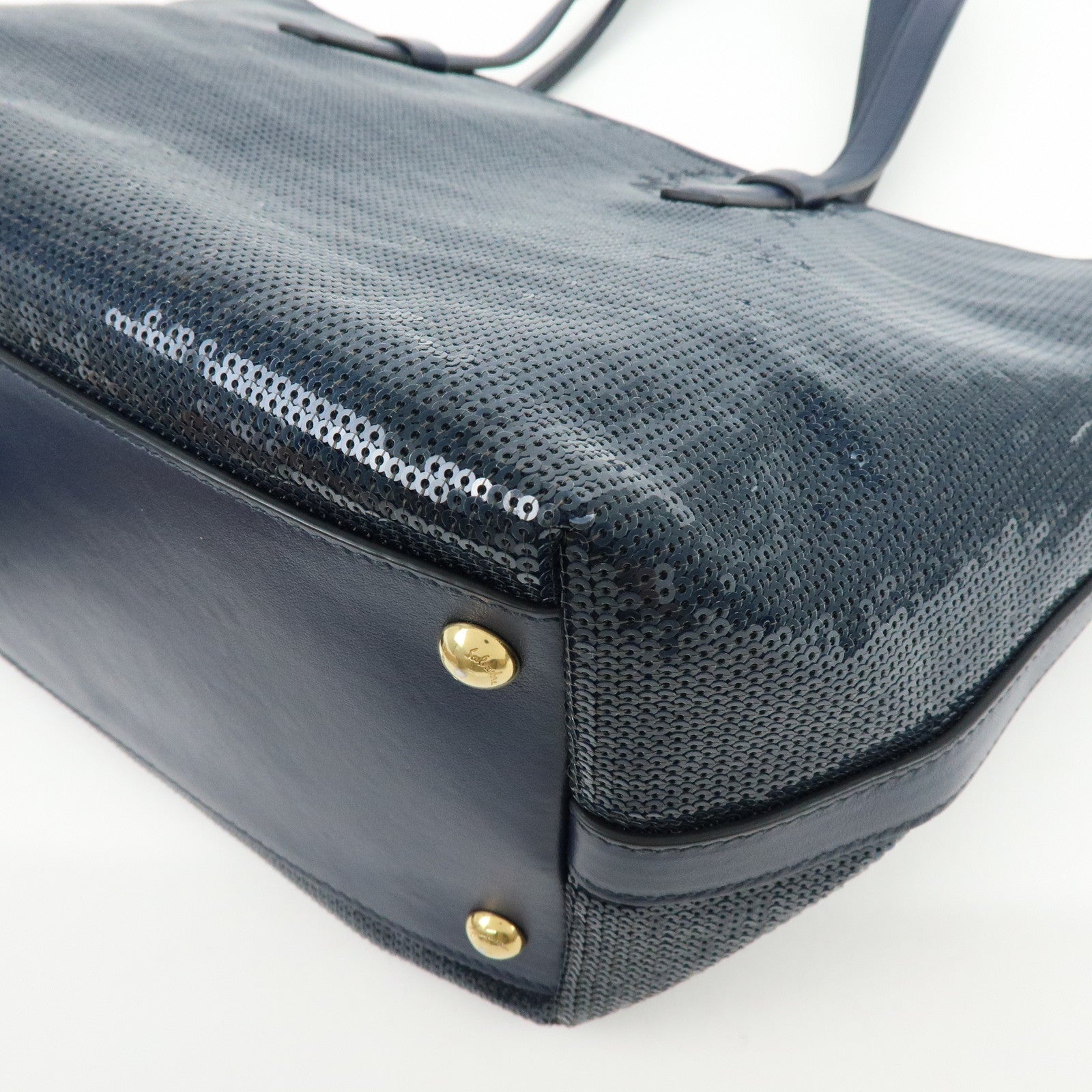 Ferragamo Gancini Sequin Leather Tote Bag Hand Bag Navy