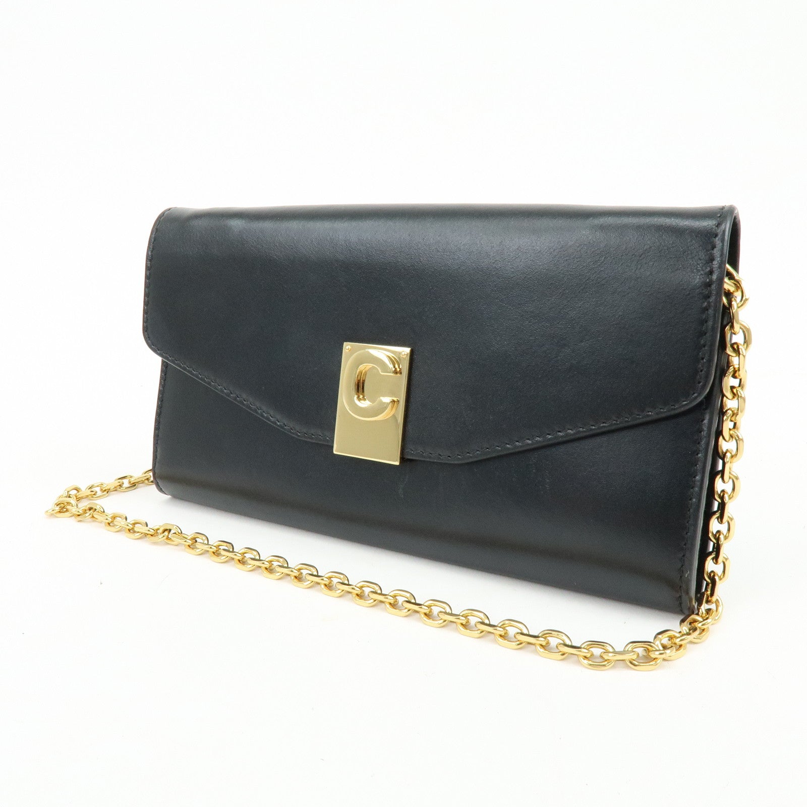 CELINE C Logo Leather Chain Long Flap Wallet Black