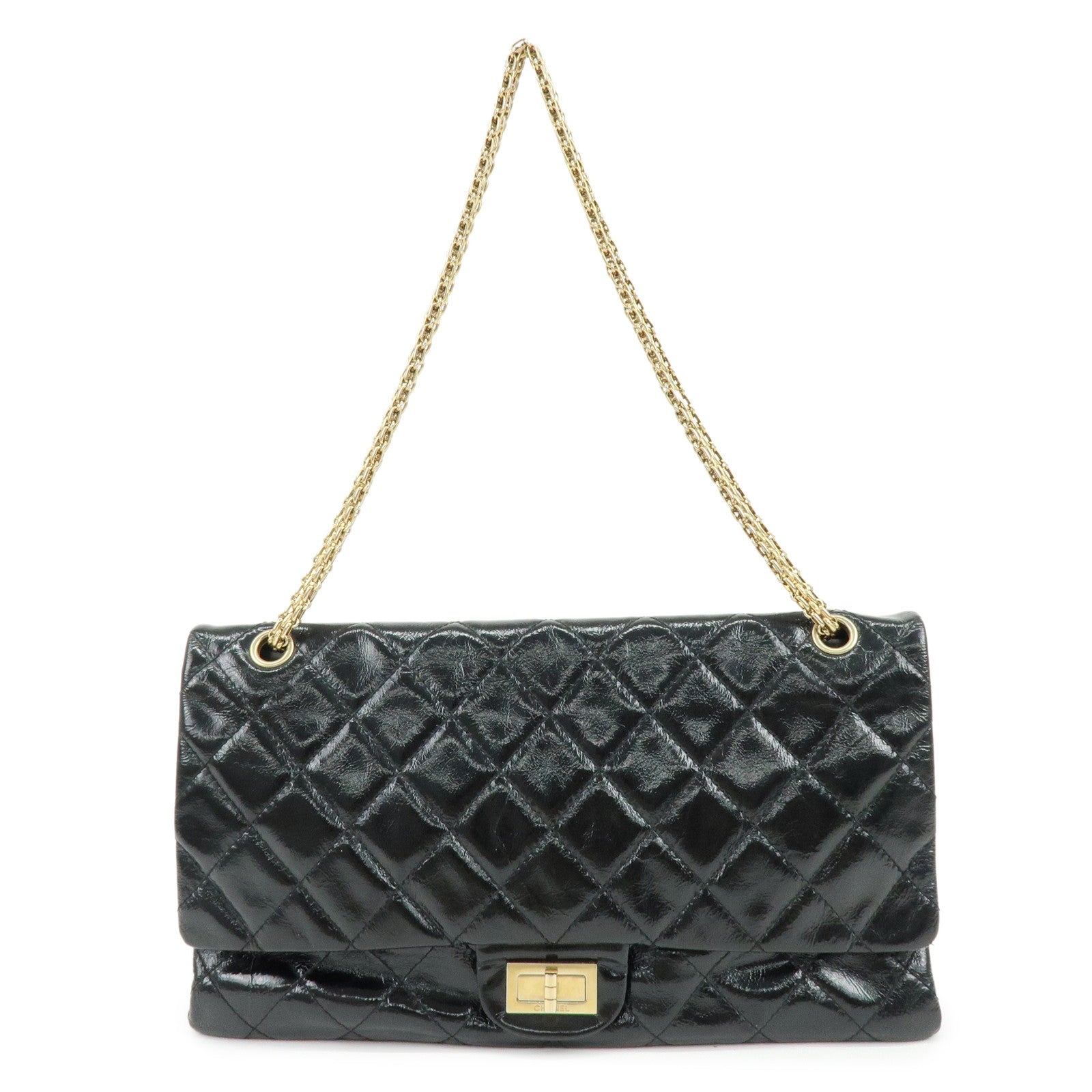 CHANEL 2.55 Patent Leather Chain Shoulder Bag Turn Lock Black